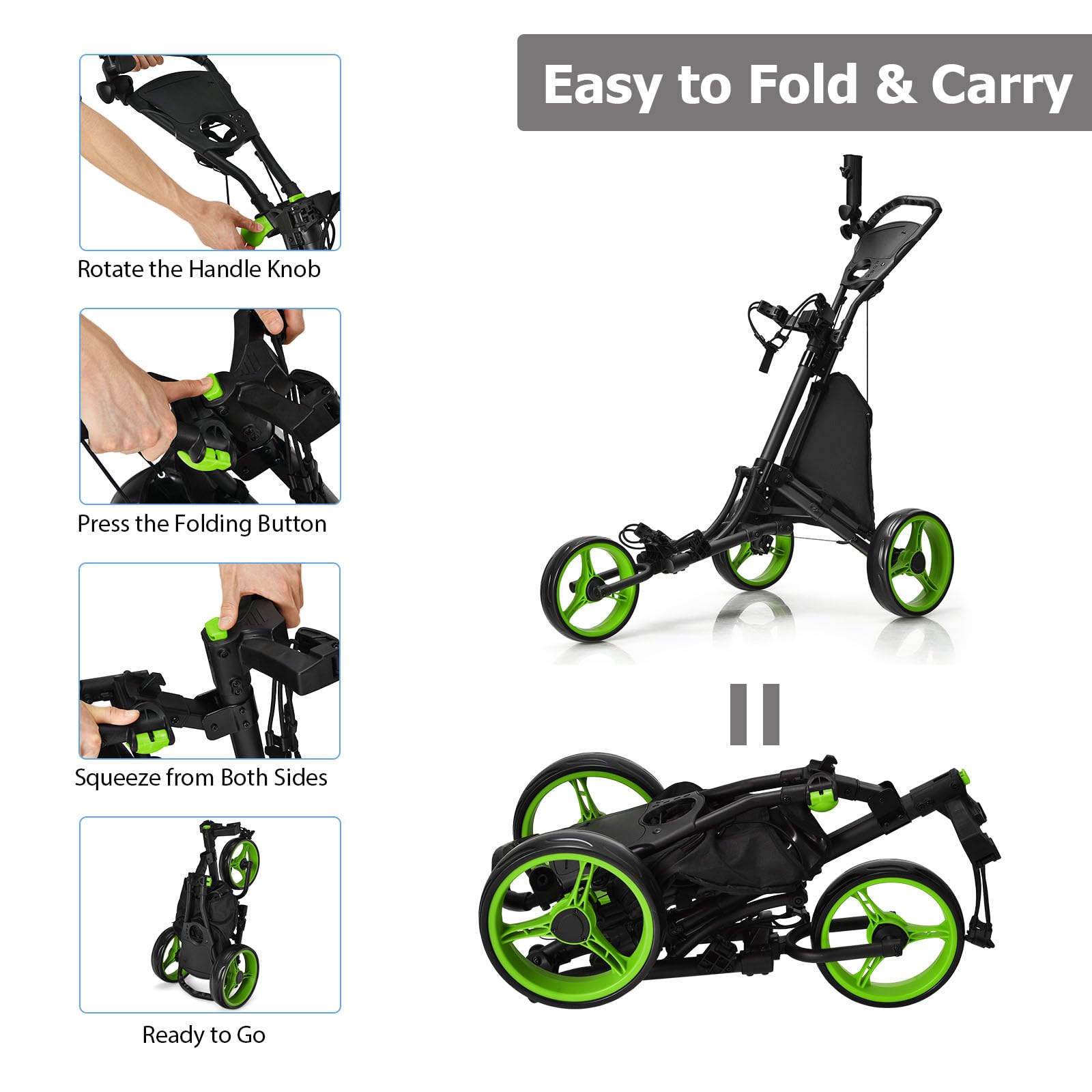 LIFEZEAL Carrello da golf pieghevole, 3 ruote Golf Push Cart con freno a pedale, carrello da golf con 3 posizioni regolabili in altezza, pieghevole con portaombrelli e portabottiglie e borsa