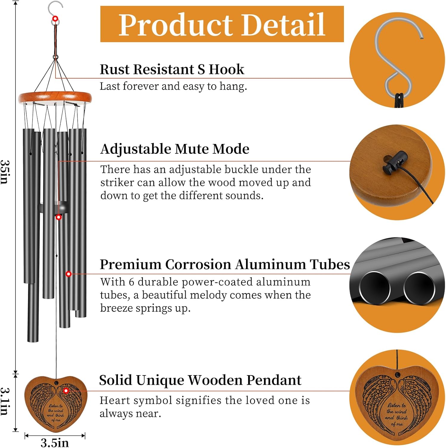 Wind Chimes Outdoor Outside,35" Memorial Wind Chimes,Bereavement Funeral Sympathy Gifts for Loss of Loved One, Mother,Father