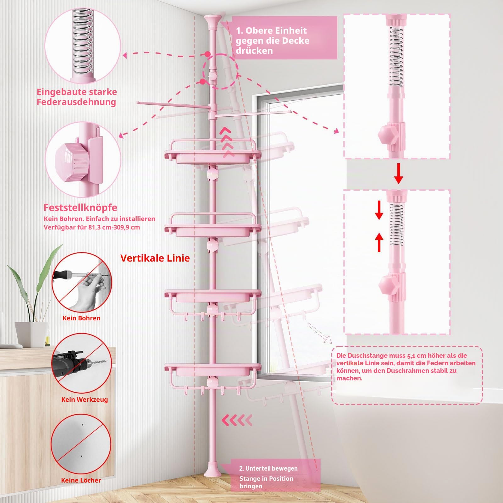 XLHOMO 81,3–309,9 cm Eck-Dusch-Caddy, Spannstange, rosa, rostfrei, bohrfreie Duschregale für Badezimmer, Badewanne, Waschbecken, Verstellbarer Dusch-Organizer mit 4 Ebenen, patentierten, stabilen