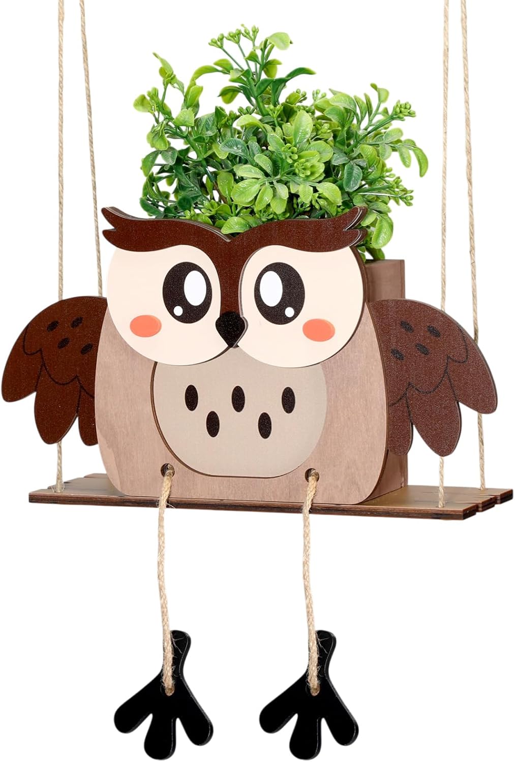 13'' Wooden Swing Owl Hanging Planters for Indoor Boho Wall Decor for Living Room Bedroom Cute Owl Home Decor Hanging Flower Pots Dry Flower Vase Gift for Mom Office Eucalyptus Decorations