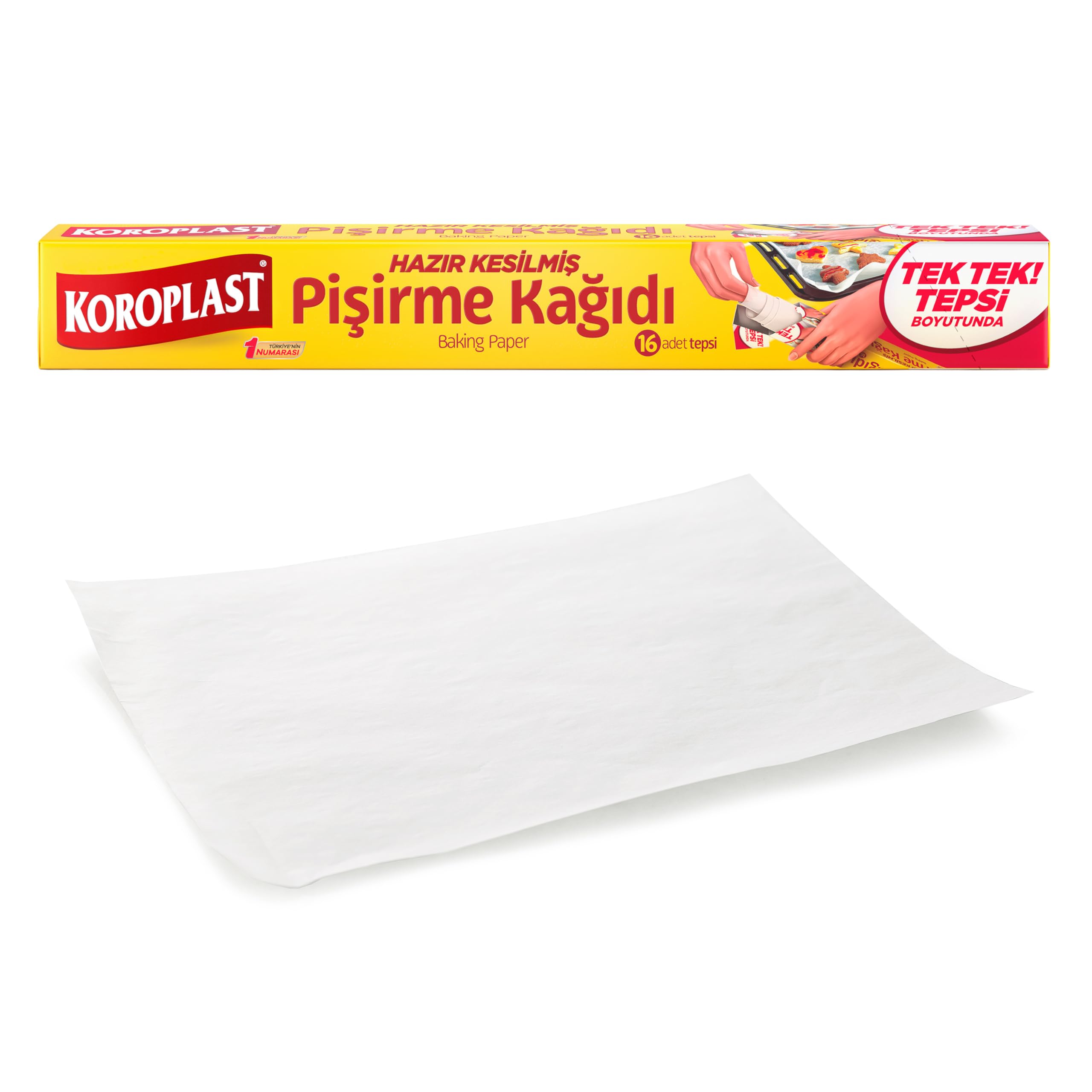 Koroplast Hazır Kesilmiş Pişirme Kağıdı 16 adet 42x37 cm, Helal Sertifikalı BPA İçermez, Fırında Tavuk, Et, Tatlı, Börek Pişirmek için Yüksek Isıya Dayanıklı Hazır Fırın Pişirme Kağıdı Yapışmaz Yanmaz
