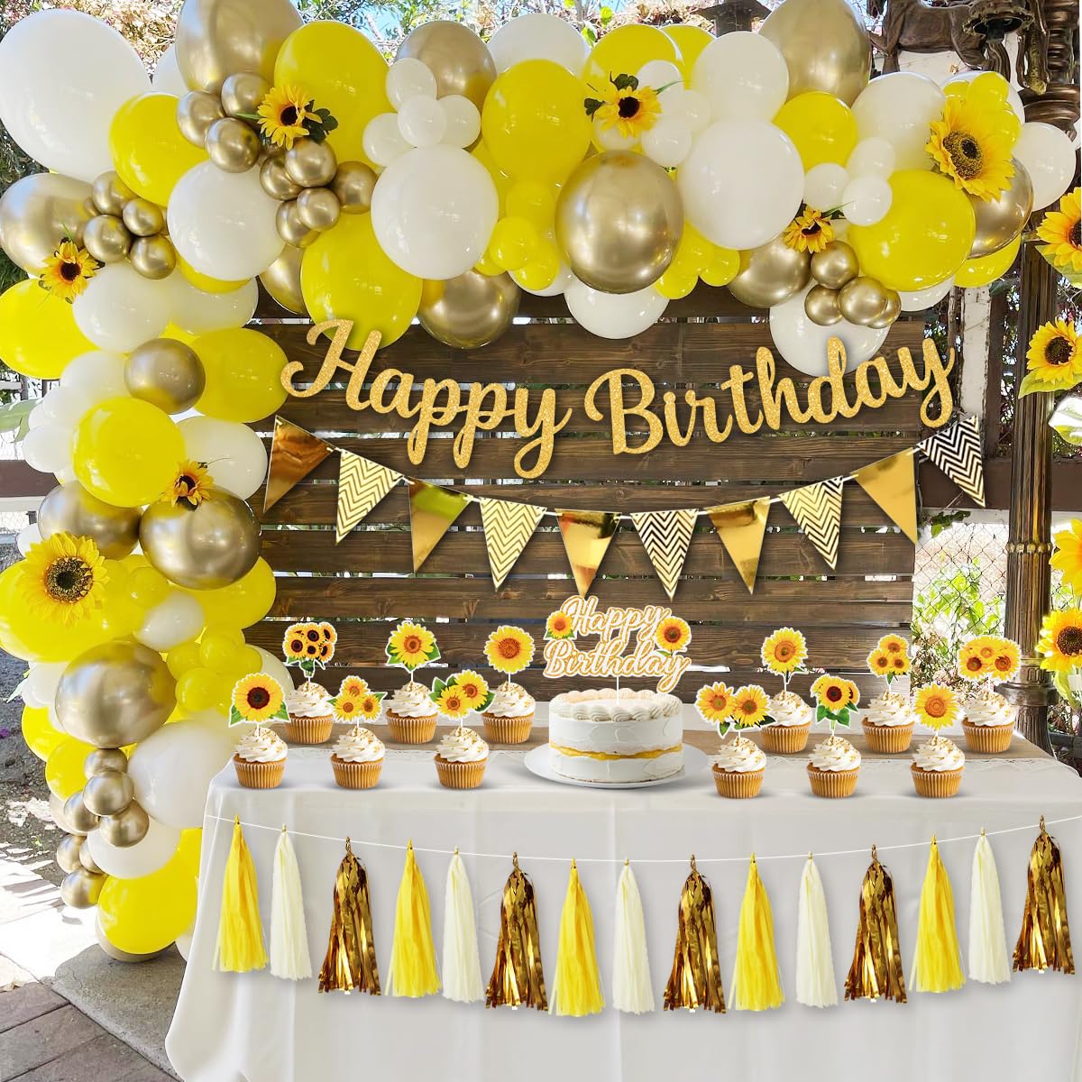 Yellow Birthday Decorations, Sunflower Birthday Decorations Gold Yellow White Balloons Gold Confetti Balloon Tassels Garland Banner Sunflower Cake Topper