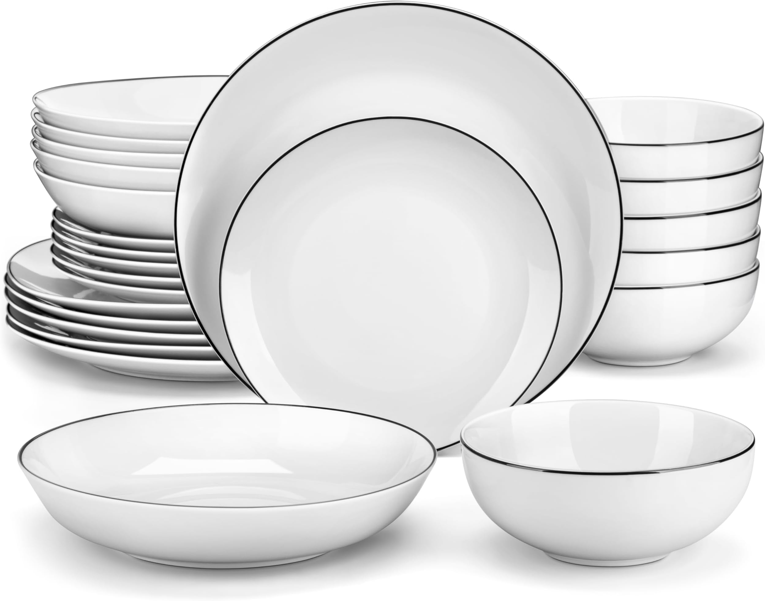 Dinner Sets for 6 People, 24 Piece Gourmet Porcelain Plates and Bowls Set with Black Rim White Tableware with 6-Piece Round Dinner Plates/Dessert Plates/Soup Plates/Bowls, Series Amelia