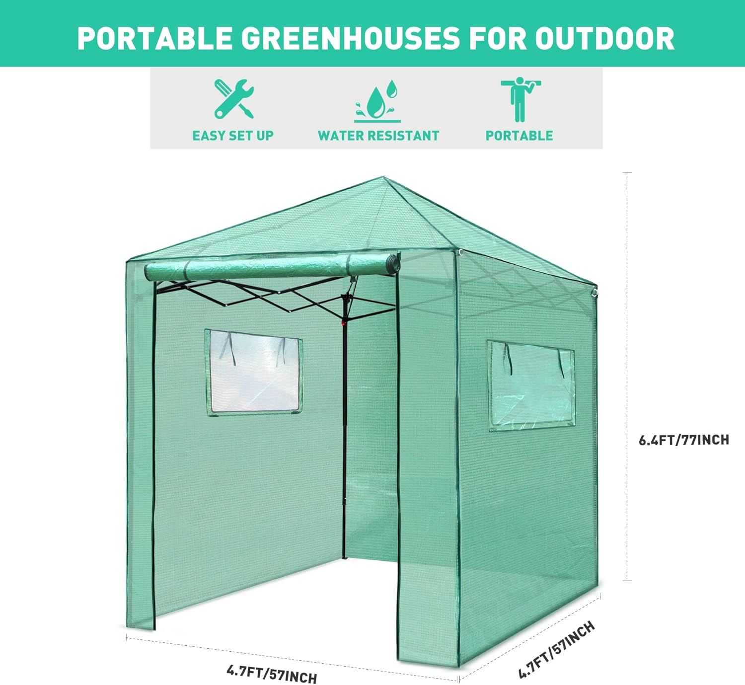 PexFix 6'x 5' Portable Walk-in Greenhouse, Easy Setup, Indoor/Outdoor, 2 Roll-Up Mesh Windows, Roll-Up Zipper Door, Green