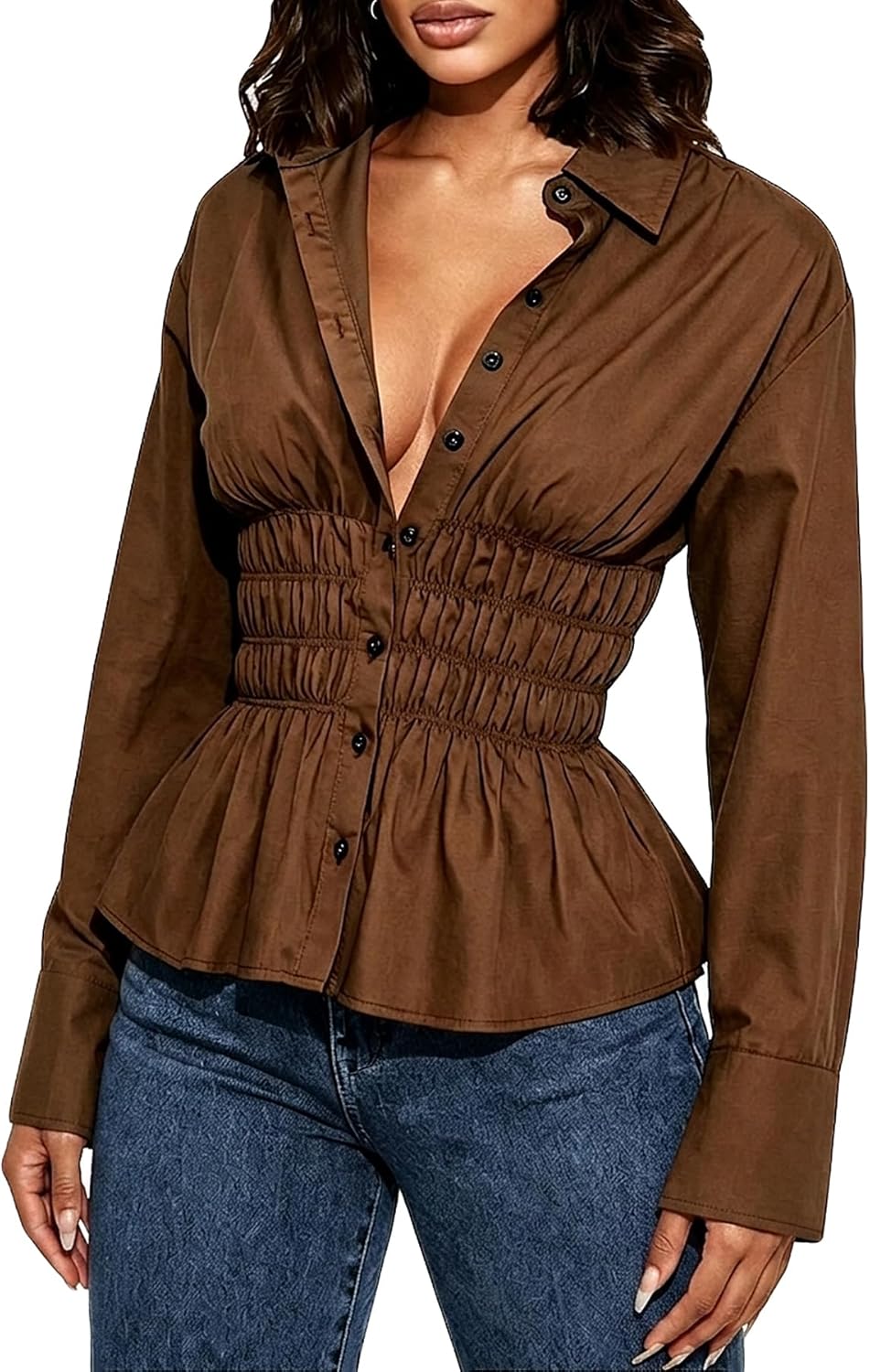 Women Long Sleeve Button Down Fitted Shirts Collared Cinched Waist Tops Office Work Blouse