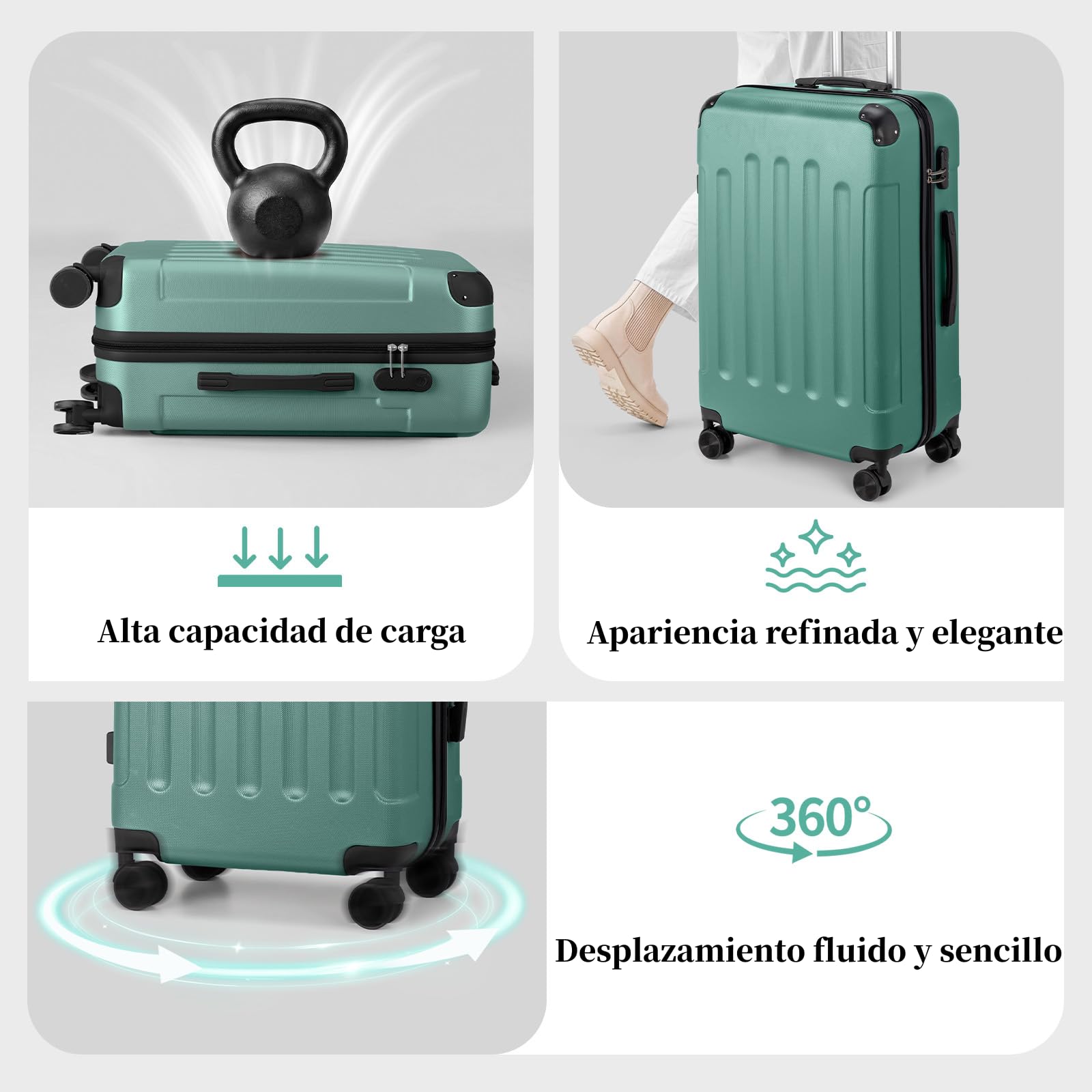 LEADZM Juego de Maletas de 5 Piezas con Neceser (Turquesa) | Maletas de Viaje Grandes 23 Kilos, Maleta Cabina con Refuerzos de Esquina, Mediana, Maleta de Viaje