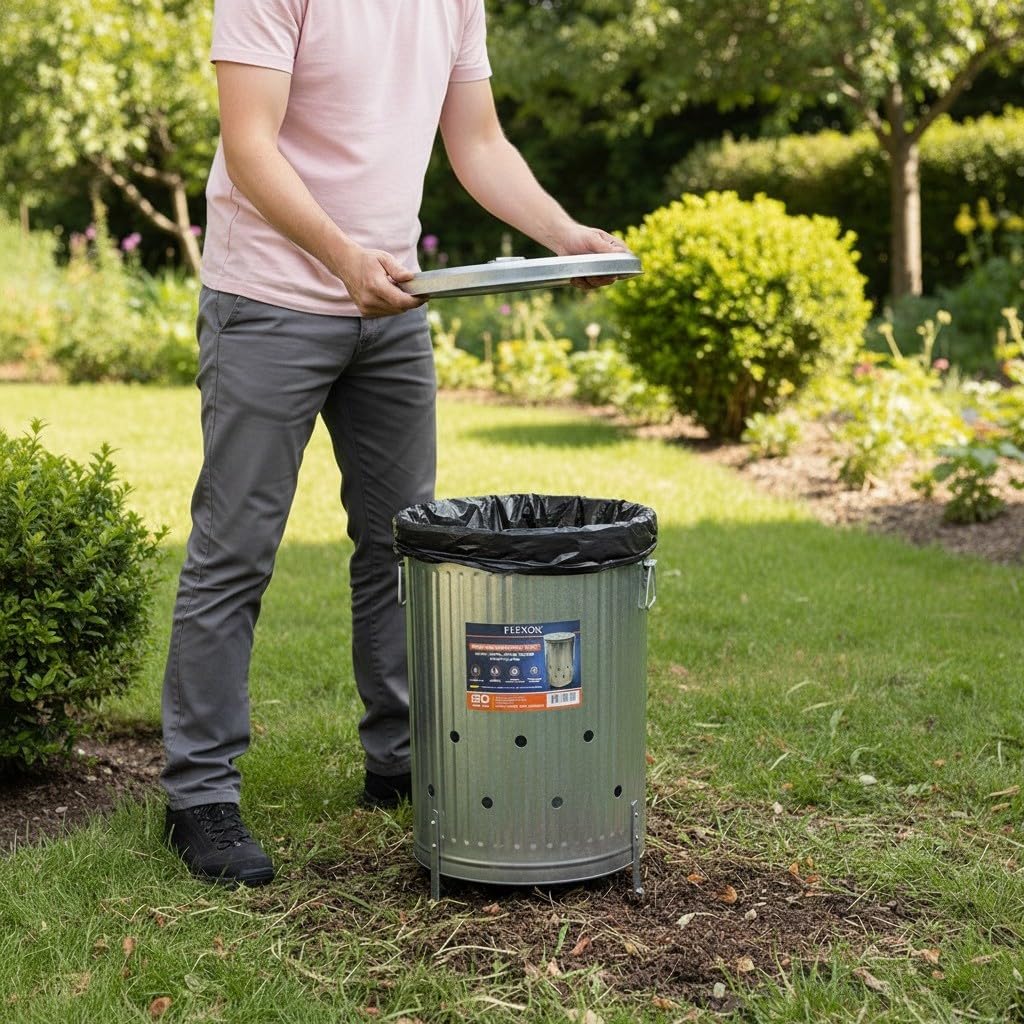 Plexon 20 gal. Galvanized Steel Composter/Rubbish Burner with Perforated Lid and Folding Handle, Optional Support Legs Included, Silver