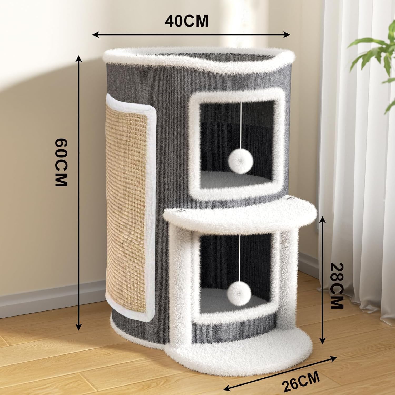 Katzenhöhle Katzenfass, Katzenhaus mit Kratzbrett für Indoor-Katzen,Kratzbaum Klein mit Plattform, Höhle Katzenverstec Katzentonne Katzenbett Katzenmöbel mit Spielball (Grau, 40X50X60CM)