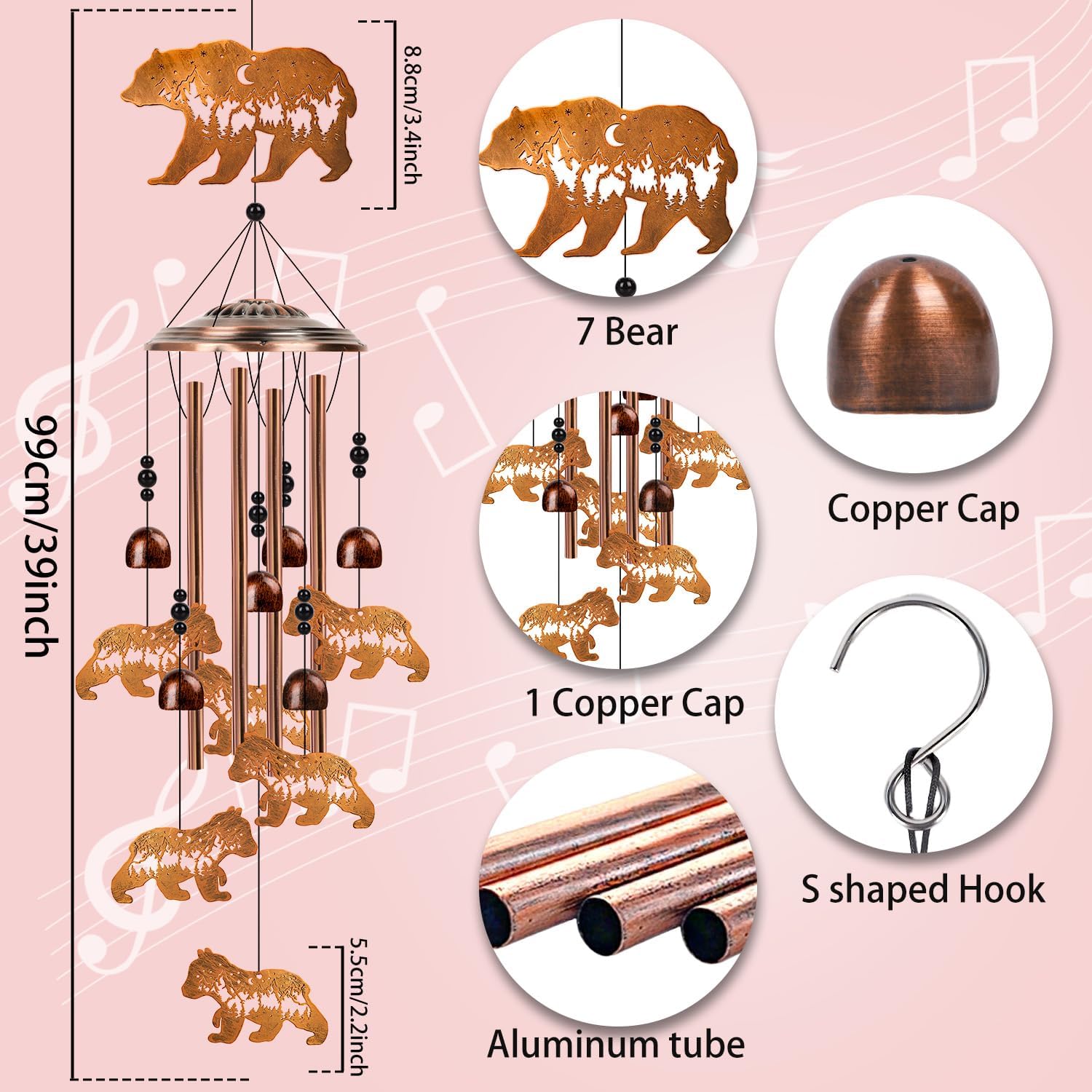 Bear Gifts Wind Chimes for Outside - Luvsweets Bear Gifts for Women Men, Sympathy Memorial Metal Wind Chimes for Outdoors Garden Yard Decor, Birthday Housewarming Christmas Mother‘s Day Presents