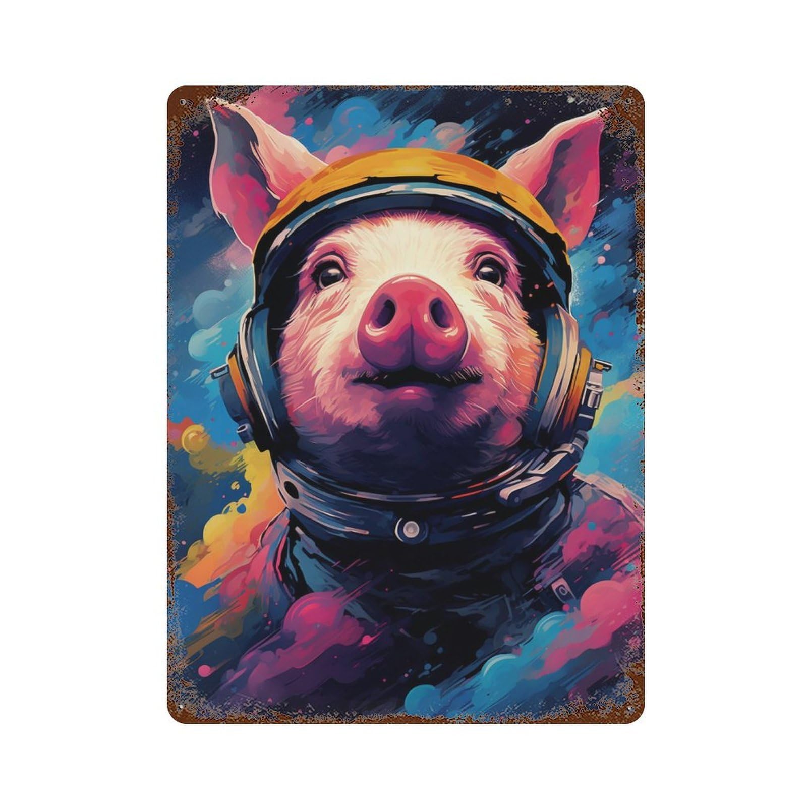 Pig Astronaut Space Helmet-1 Distressed Metal Wall Sign 15.7"x11.8", Ideal for Pub, Kitchen And Man Cave Decor