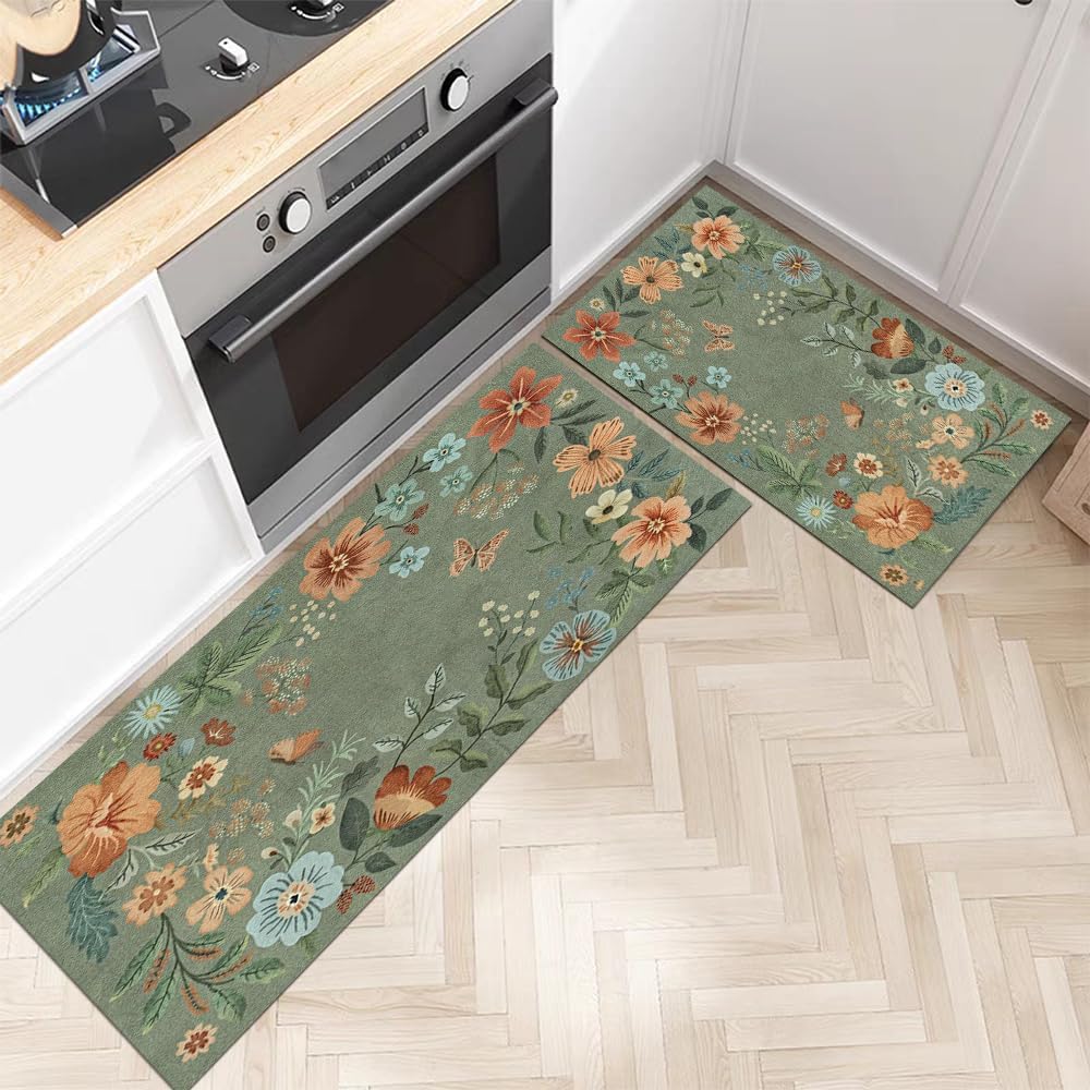 Green Floral Kitchen Mats for Floor 2 PCS,Boho Vintage Botanical Non Slip Kitchen Rug Aesthetic Flower Carpet Runners for Kitchen Laundry Bathroom,
