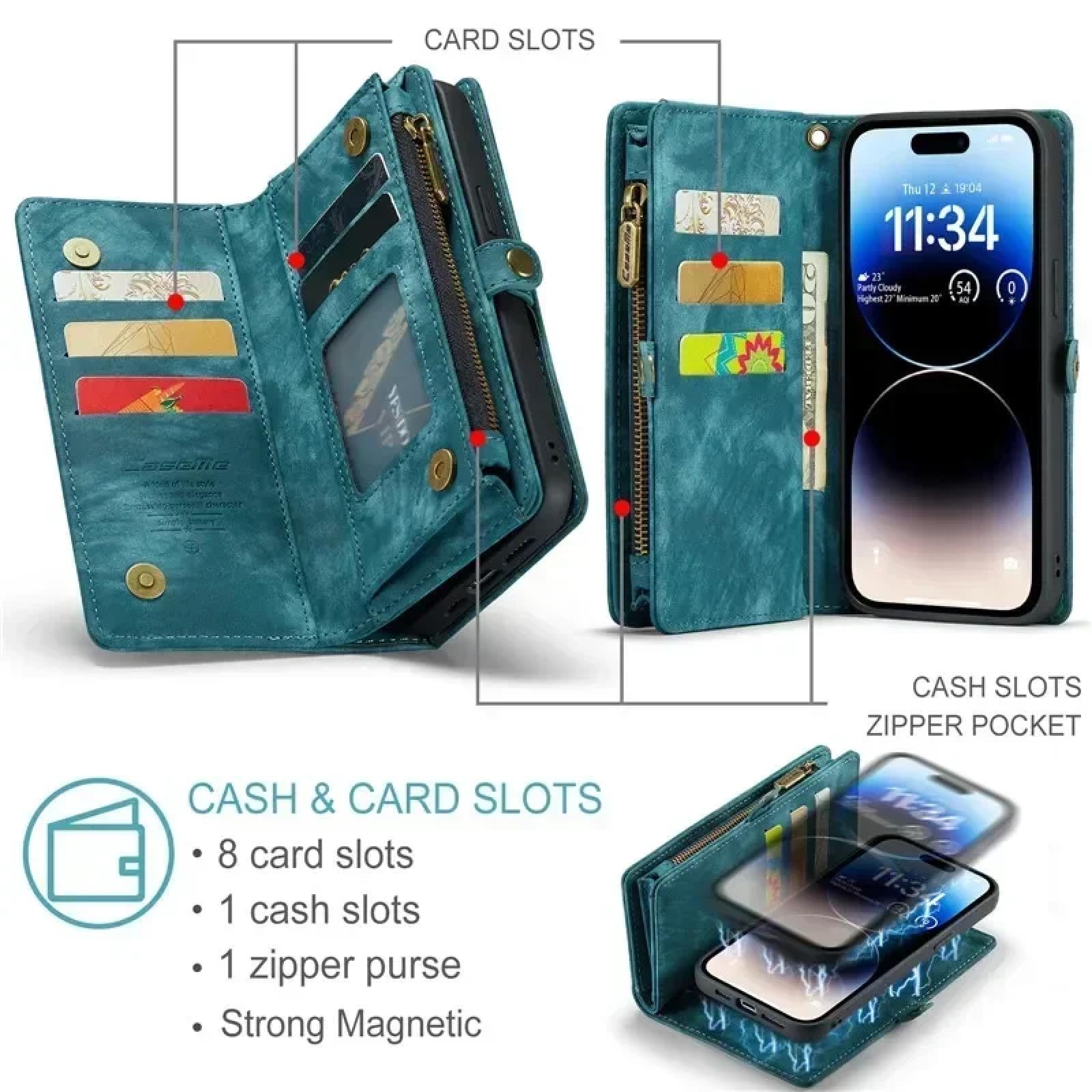 Für iPhone 15 Magnetische Flip-Leder-Handyhülle mit Reißverschluss, Brieftasche, Kartenhülle (für iPhone 15/schwarz)