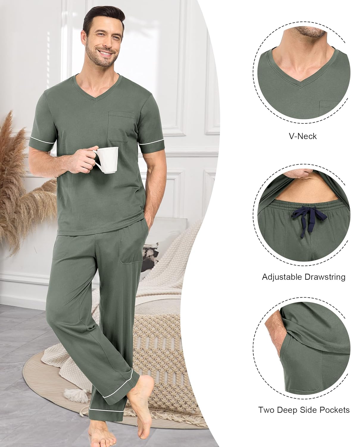 COLORFULLEAF Mens 100% Cotton Pajamas Set Short Sleeve V-Neck Sleepwear Soft Loungewear Pjs with Pockets - Image 5