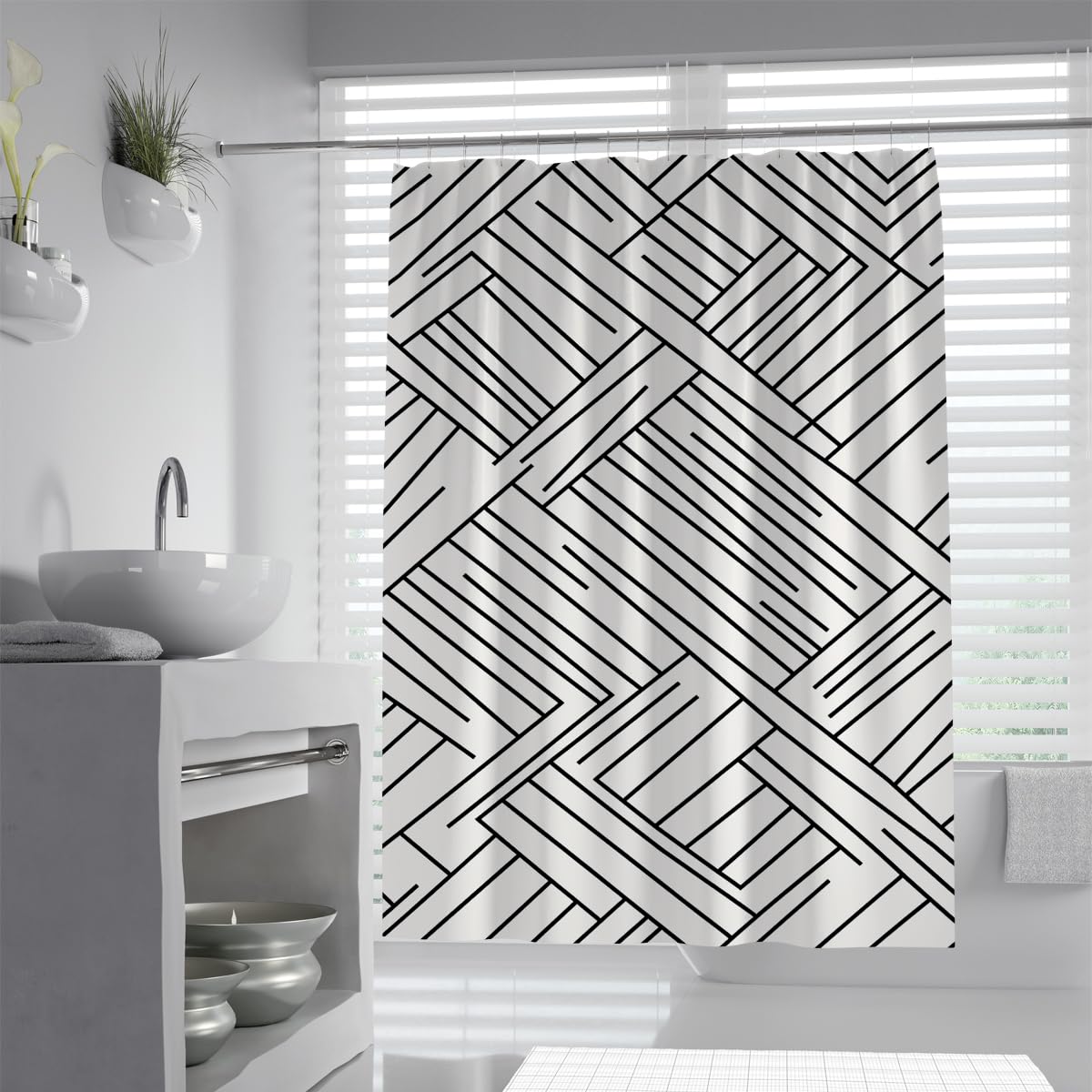 UIRINGART Contemporary Maze Stripes Shower Curtain W100xL180cm Modern Abstract Interlocking Line Pattern Waterproof Rustproof Grommets Wet Room Bath Screen With Hook