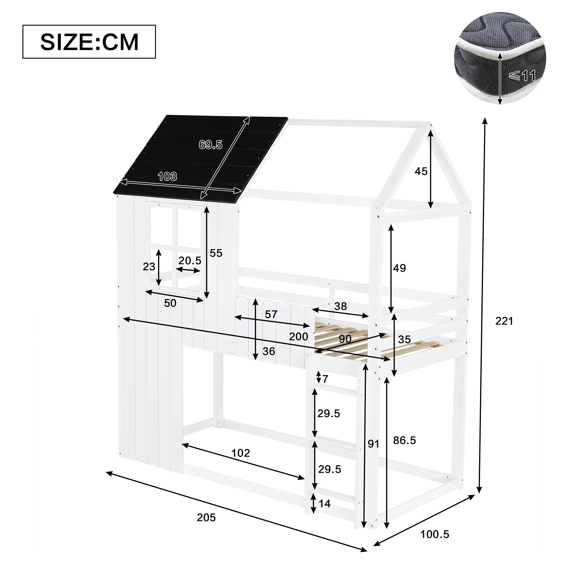 Lit Mezzanine 90x200 avec Couchage en Hauteur Lit Une Place pour Utilisation Régulière Bed avec Support à Lattes Réparti avec Barrière de Sécurité avec Échelle sans Matelas Appartement