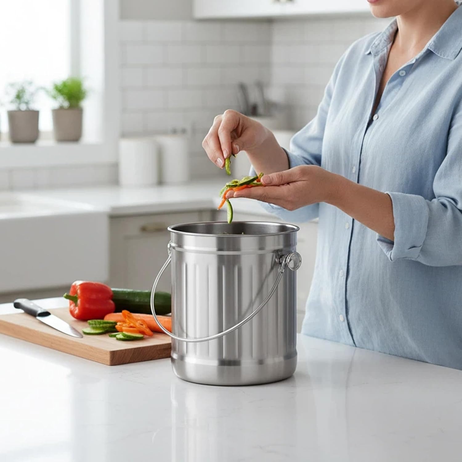 1.3 Gallons 5L Brushed Stainless Steel Kitchen Countertop Undersink Indoor Odorless Composting Compost Bin Countertop Composter with Charcoal Filter Inside Lid Brushed