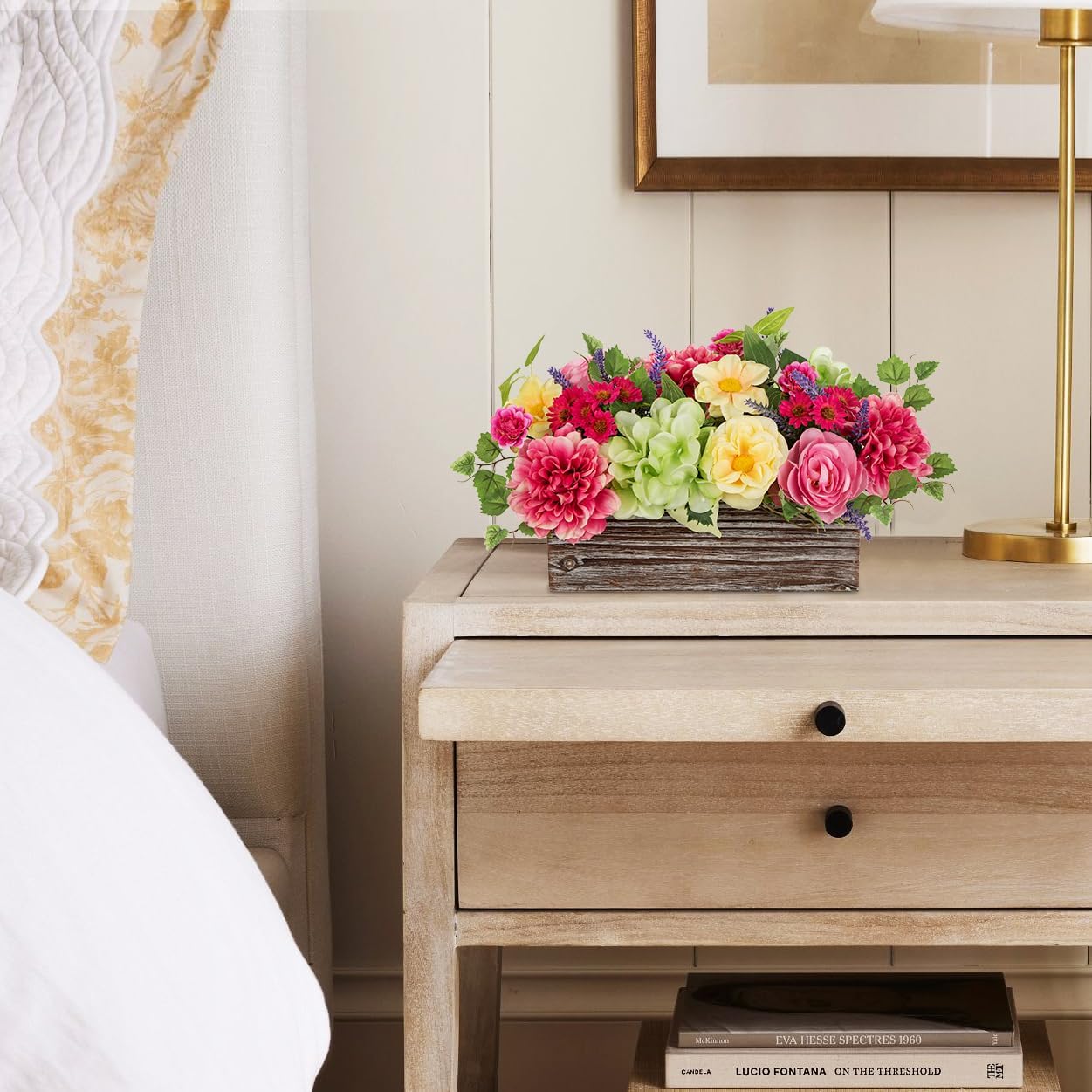 Briful Spring Faux Floral Table Centerpiece with Rustic Wooden Planter Box, Artificial Flower Arrangement with Silk Dahlias, Roses & Hydrangea for Home Kitchen Wedding Dining Room Table Decor