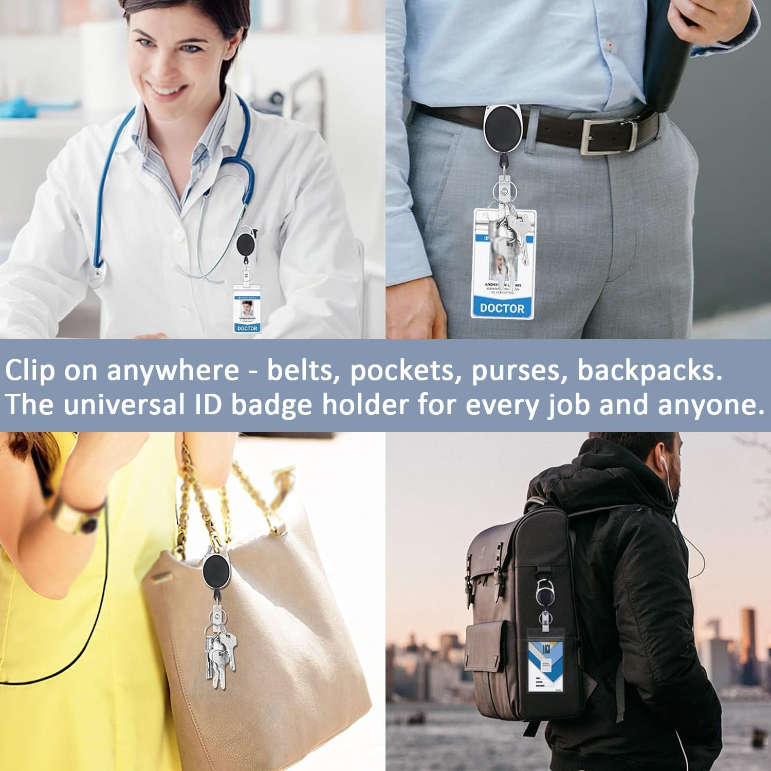 Retractable ID Badge Holder Reel: 2 Pack Clear Card Case with Metal Belt Clip, Detachable Key Ring Heavy Duty 24" Pull Cord for Nurse Teacher Office Work Security Cruise Tactical, Vertical