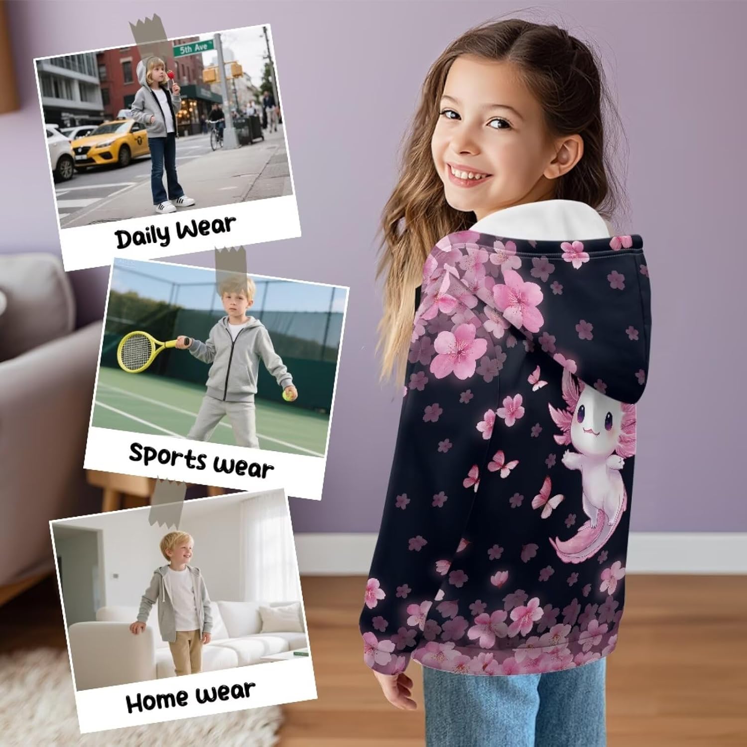 Gomyblomy Girls Fleece Zip Up Hoodies Sweatshirts Size 3-16 Years Old Kids Hoody Jacket Axolotl-theme Fall Winter Coats