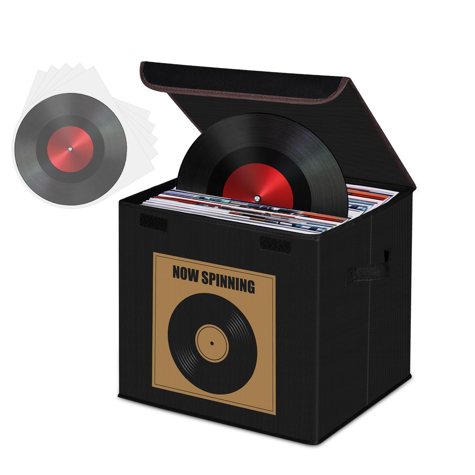 HEYCOOK Vinyl Record Storage Box, Stackable & Collapsible LP Storage Boxes Hold Up To 90 12-Inch Records, Sealed & Dust-Proof for Valuable Album Collection, 35.5 x 33 x 33 cm (Black with Brown Trim)
