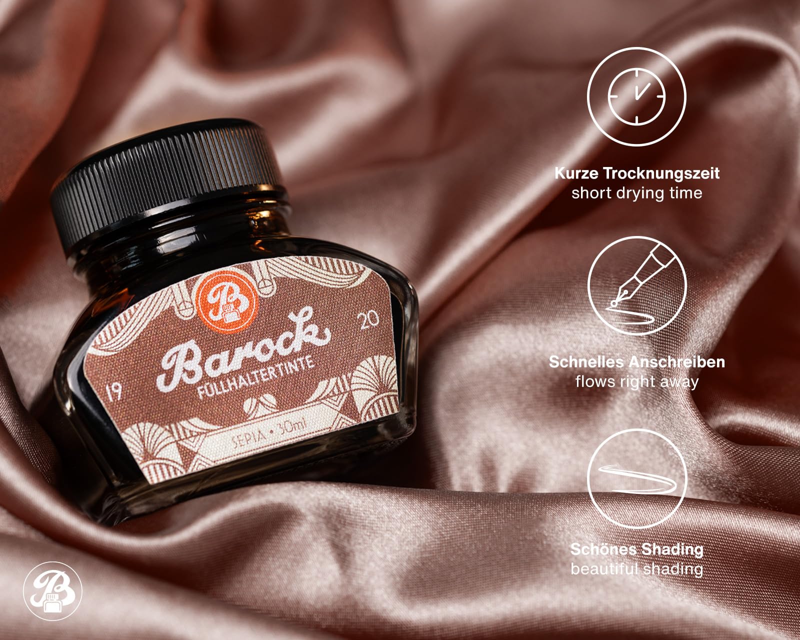 Barock 1920 Sepia, atrament do pióra wiecznego, szklany korek, Rollerball, atrament do pióra wiecznego w tłuczku, 30 ml, brązowy