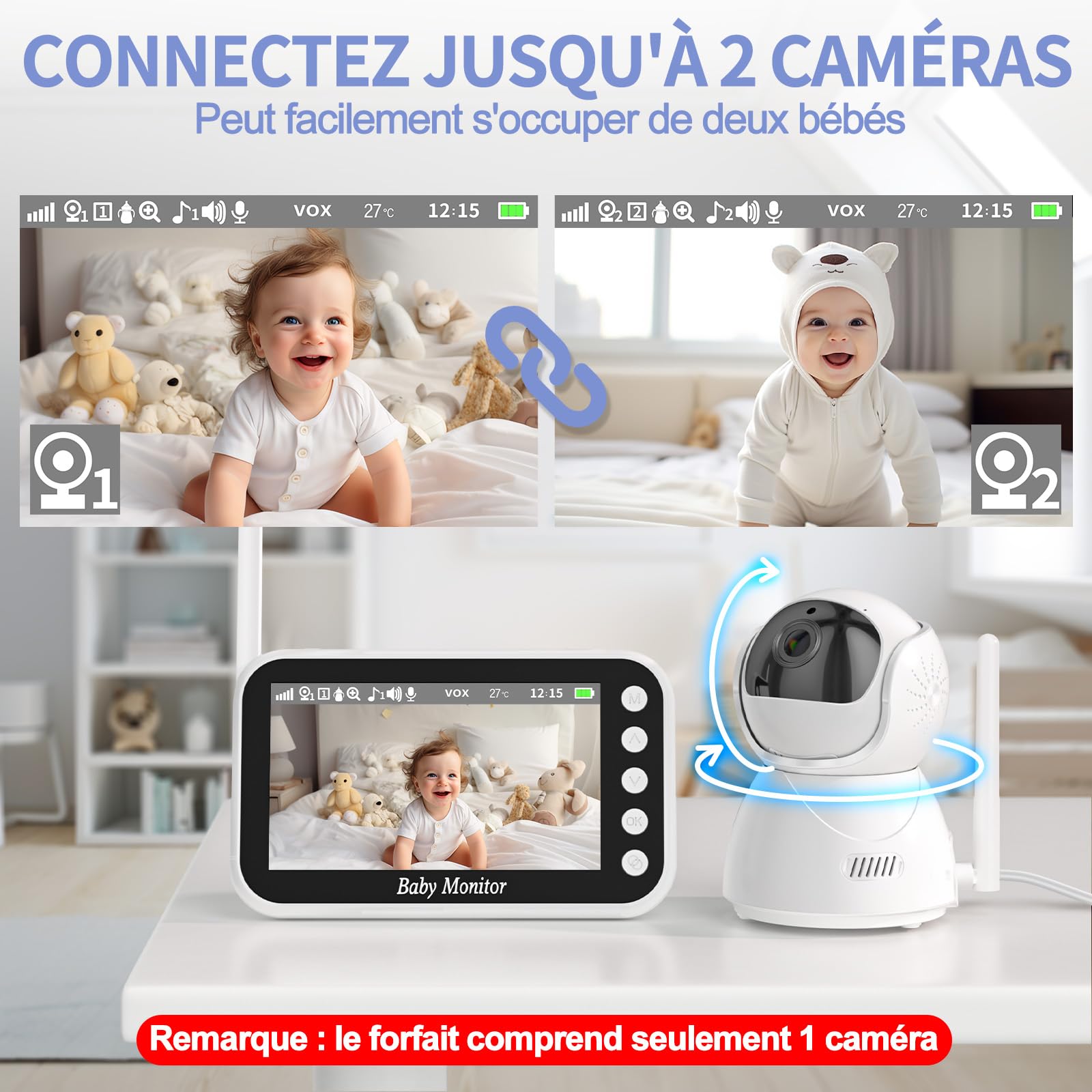 OBVHNUA Babyphone Camera 4,3" 720P Baby Phone Vidéo Moniteur Bébé Zoom Enregistrement sur Carte SD Pan-Tilt VOX Vision Nocturne Audio Bidirectionnelle Capteur de Température 8 Berceuses 5 Réveil