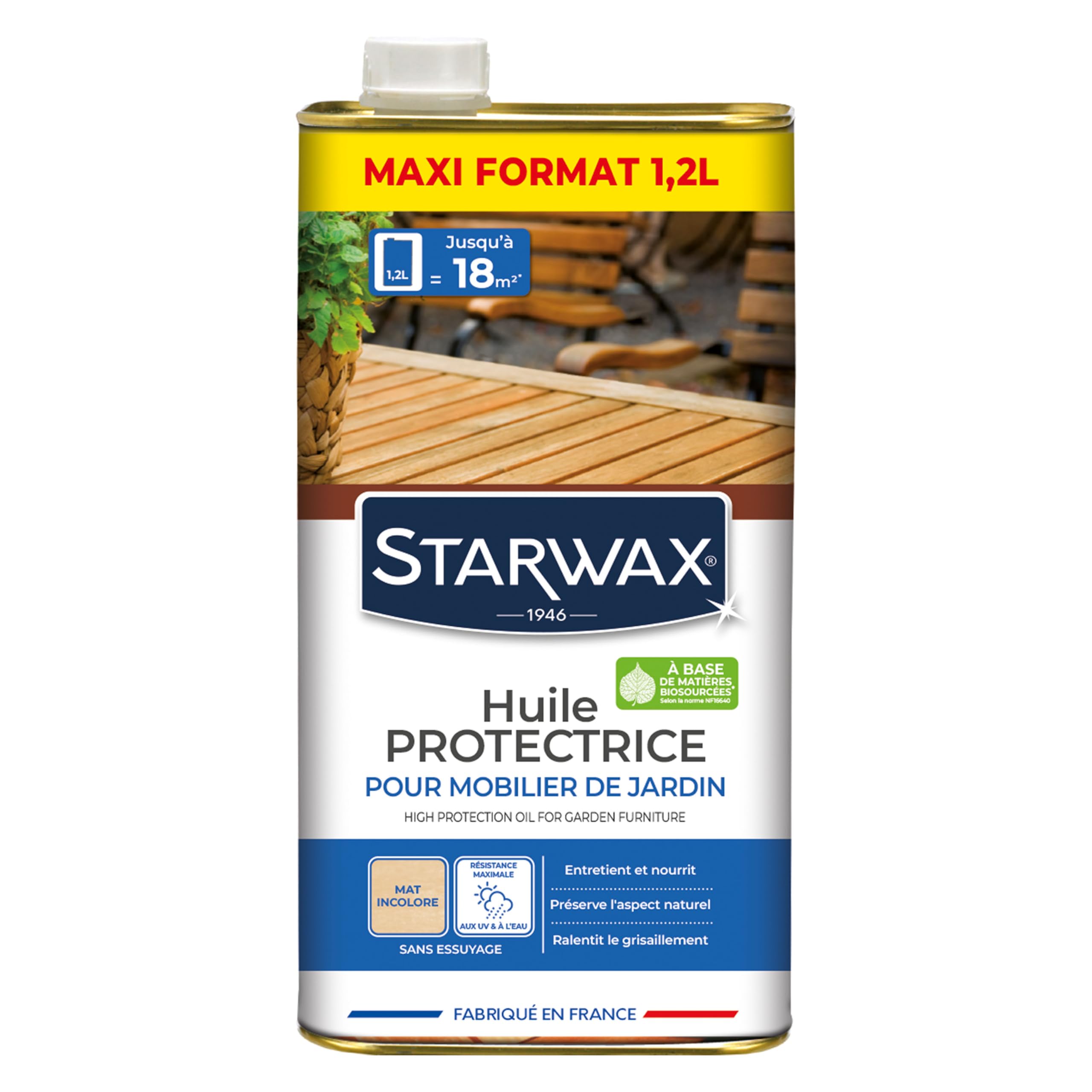 STARWAX Huile protectrice pour mobilier de jardin 1,2L, incolore, nourrit et protège les bois de jardin grisés, anti-tache anti-graisse, barrière anti-UV, préserve l'aspect mat, 15m²/L