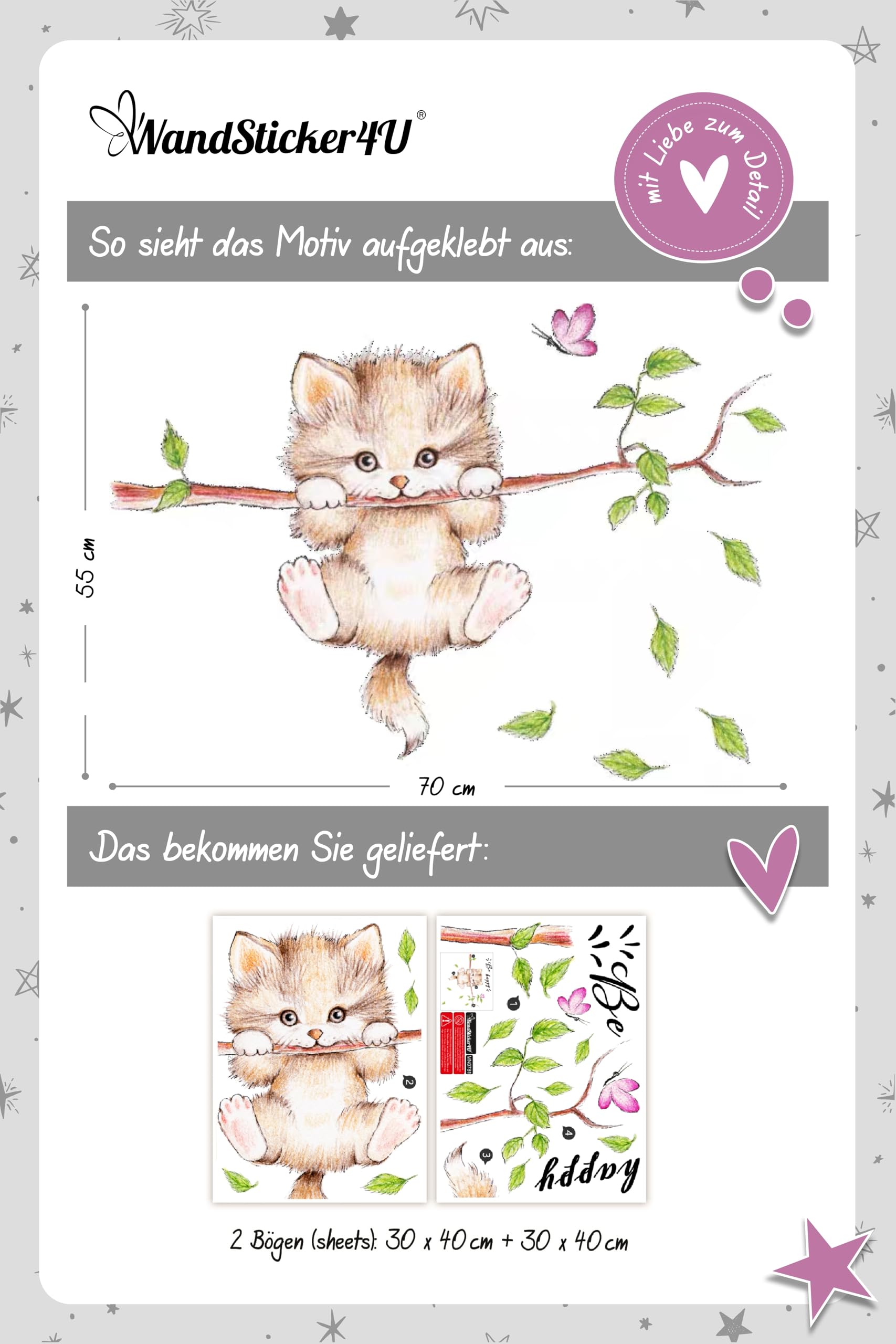 WandSticker4U®- Adesivi murali GATTO sul RAMO cameretta bambini (70x55 cm) I Murales adesivi parete gatto gattino albero ramo animali dolci I Decorazioni sticker muro camera da letto bambini