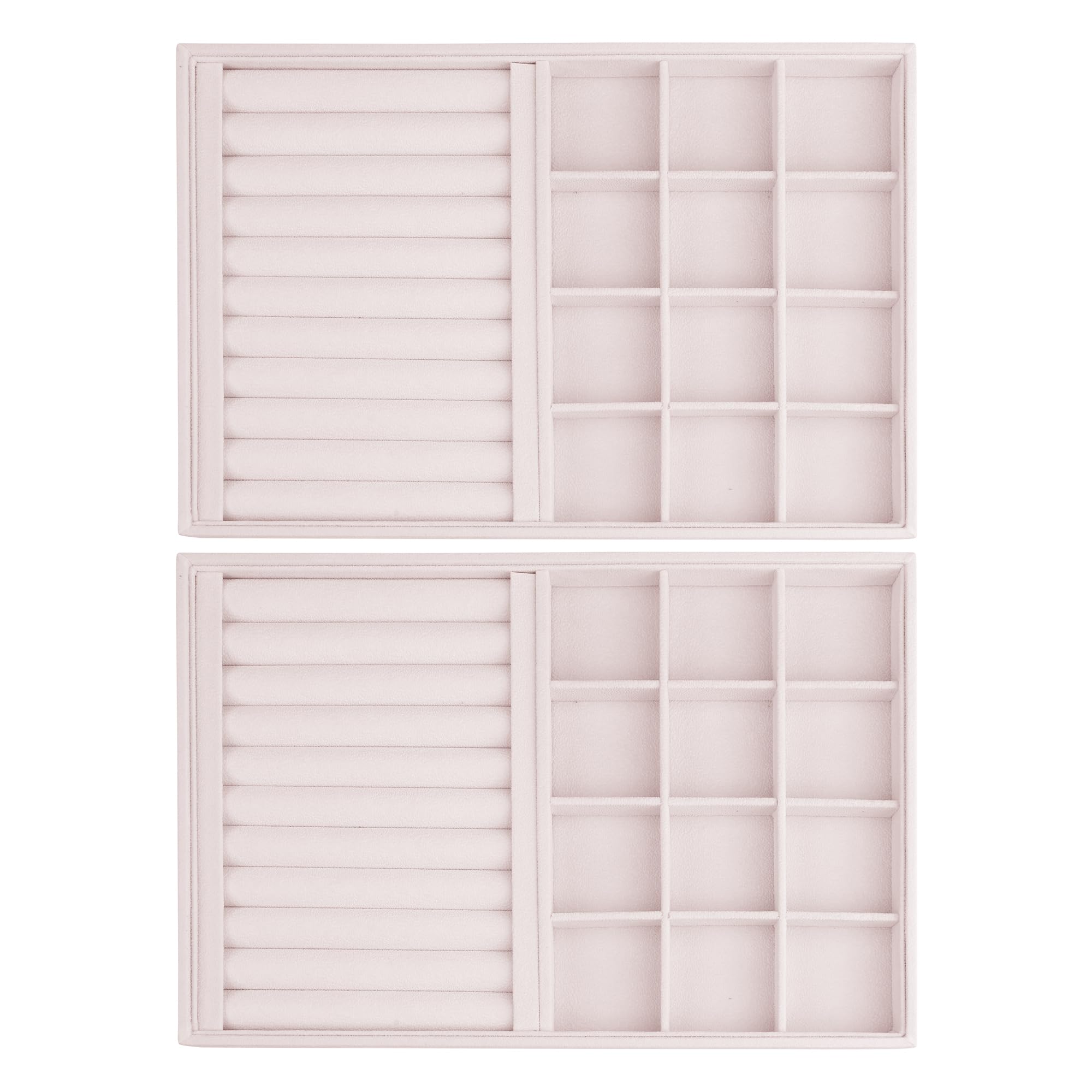 uxcell Set of 2 Stackable Velvet Jewelry Organizer Trays with Removable Dividers for Drawers, Jewelry Organizer Drawer Storage Ring/12 Grid Tray Light Pink