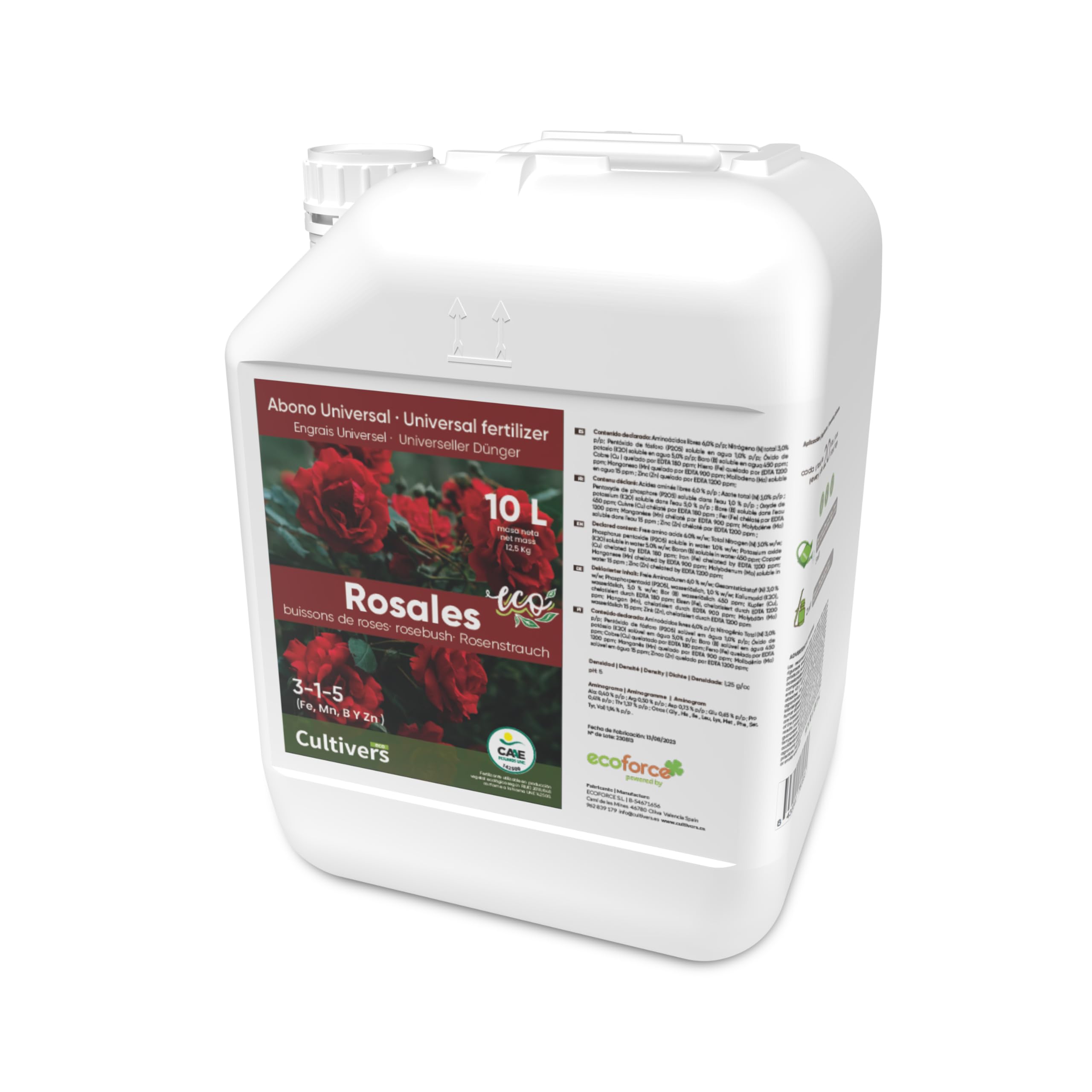 CULTIVERS Engrais Bio pour Roses 10 L. Engrais Liquide Feuilles Plus Vertes, Plus Grande Floraison et intensifie la Couleur. avec des macronutriments et des micronutriments. Engrais 100% Biologique