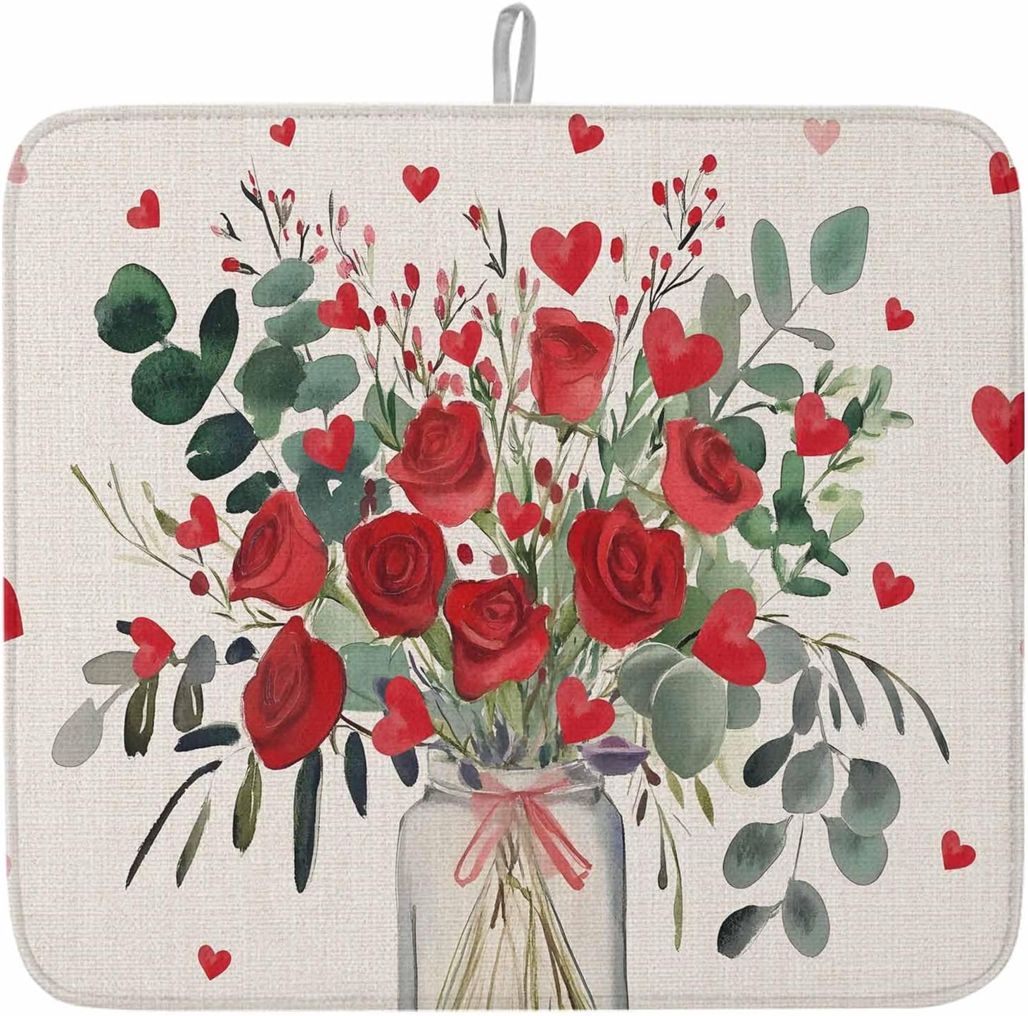 Dish Drying Mat Set of 2 Valentine Vase Love Rose Microfiber Absorbent Reusable Washable Dish Drying Rack Mat Eucalyptus Leaves Coffee Mat for Coffee Maker Bar Kitchen Countertops 16x18inch