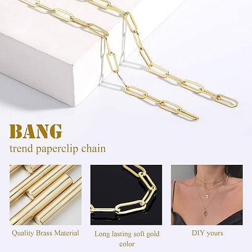Miniatura 2 de ALEXCRAFT Cadena de clip de latón chapado en oro de 14 quilates de 24 pies a granel para fabricación de joyas (0.118 x 0.354 in), Latón