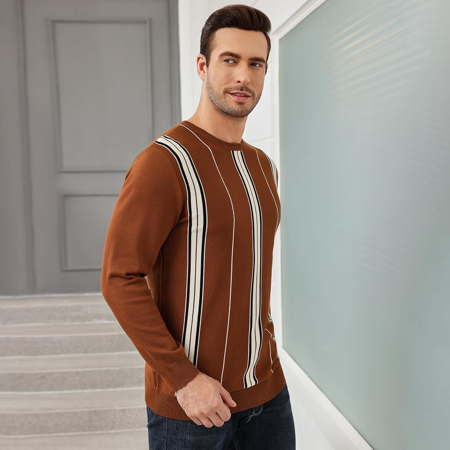 Uni Clau Men's Crew Neck Sweaters Long Sleeve Striped Knitted Pullover Casual Sweaters with Ribbing Edge - Image 6