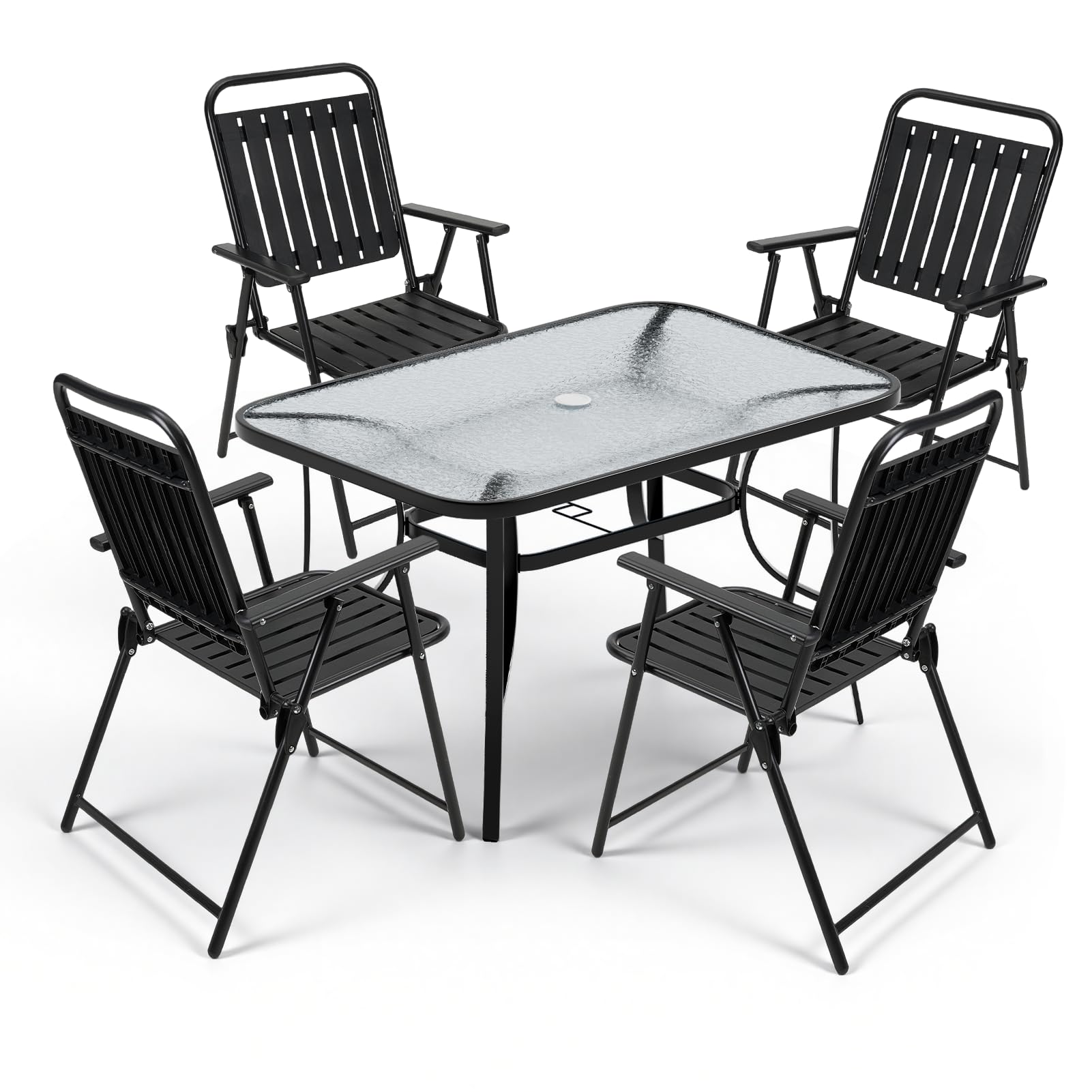 Warmiehomy 4 Seater Garden Furniture Set, Metal Garden Table and Chairs with Parasol Hole, Weather Resistant Patio Outdoor Furniture Set with Folding Chairs & Glass Top Rectangular Table, Black