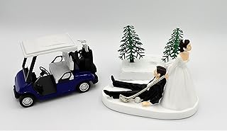 Wedding Ceremony Bride Dragging the Groom Golfer Cake Topper with Blue Golf Cart