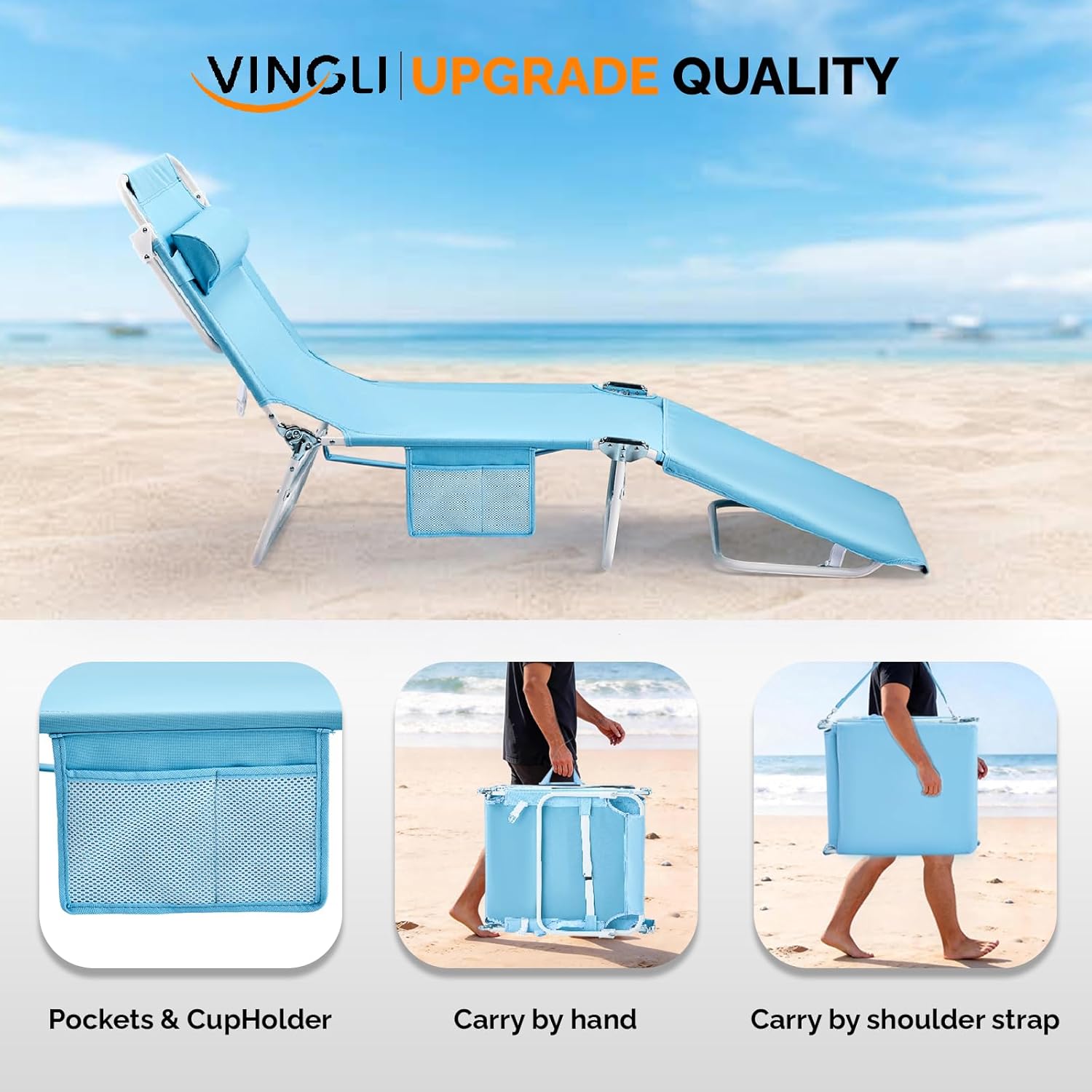 VINGLI Tanning Chair, Beach Lounge Chair with Face Hole, Lounge Chair Outdoor, Height-Adjustable Tanning Lounger, Anti-Tip Design, Carrying Bag, 475lbs, Blue