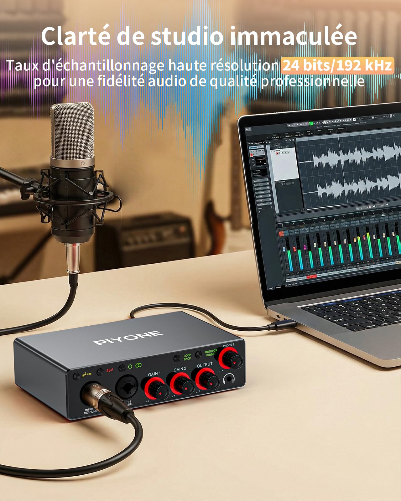 Interface Audio USB 2x2, 24 bits/192 kHz Carte Son Studio pour PC/Mac/iOS, Enregistrement, Podcast, Entrée XLR/TRS, 48V Phantom, Loopback, Monitoring Zéro Latence (Gris Alliage)