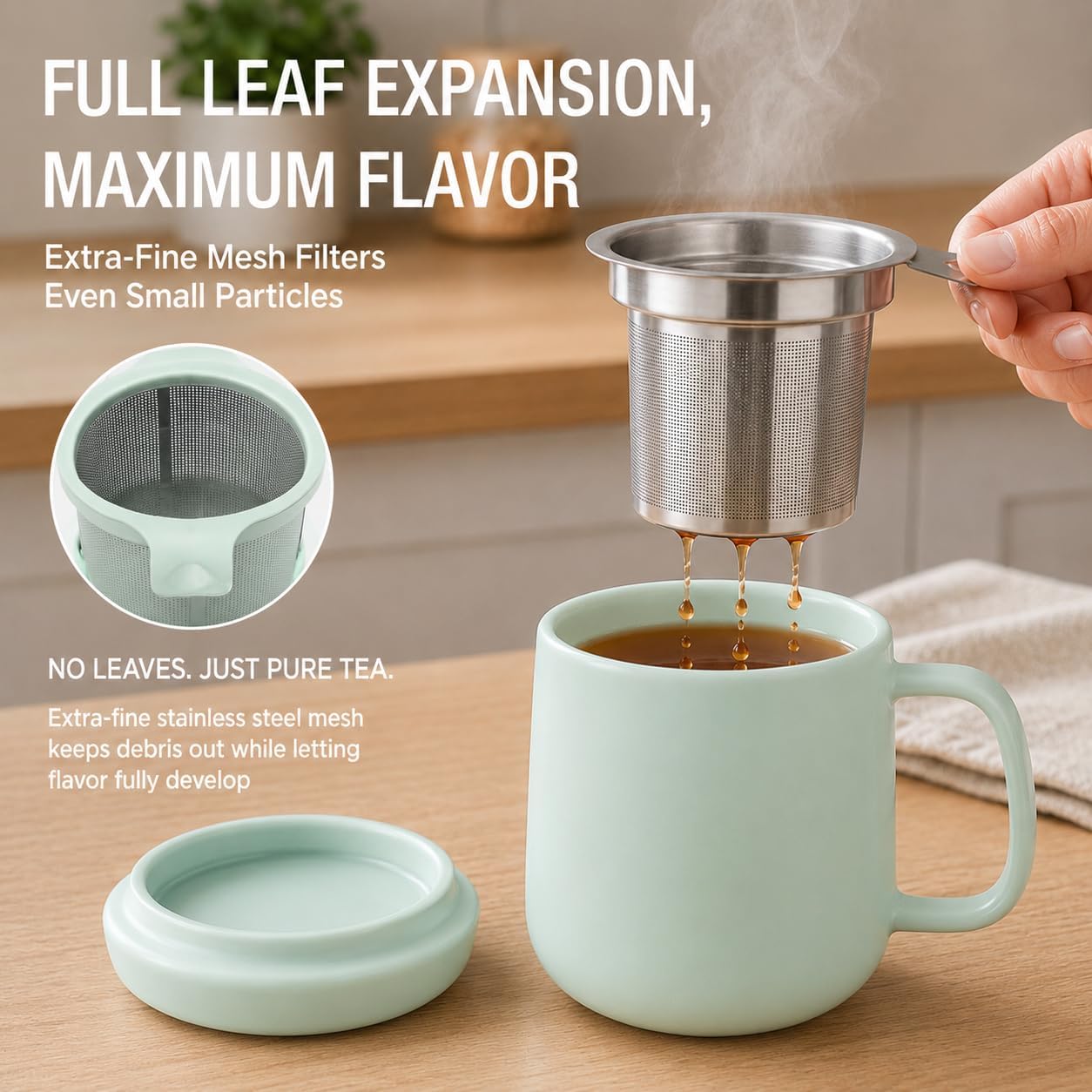 Tealyra - Sumo Porcelain Loose Tea Steeping Mug - 15oz/450 ml Ceramic Tea Cup with Infuser and Lid/Coaster - Extra Fine Stainless Steel Infusion Strainer - For Home or Office - Turquoise