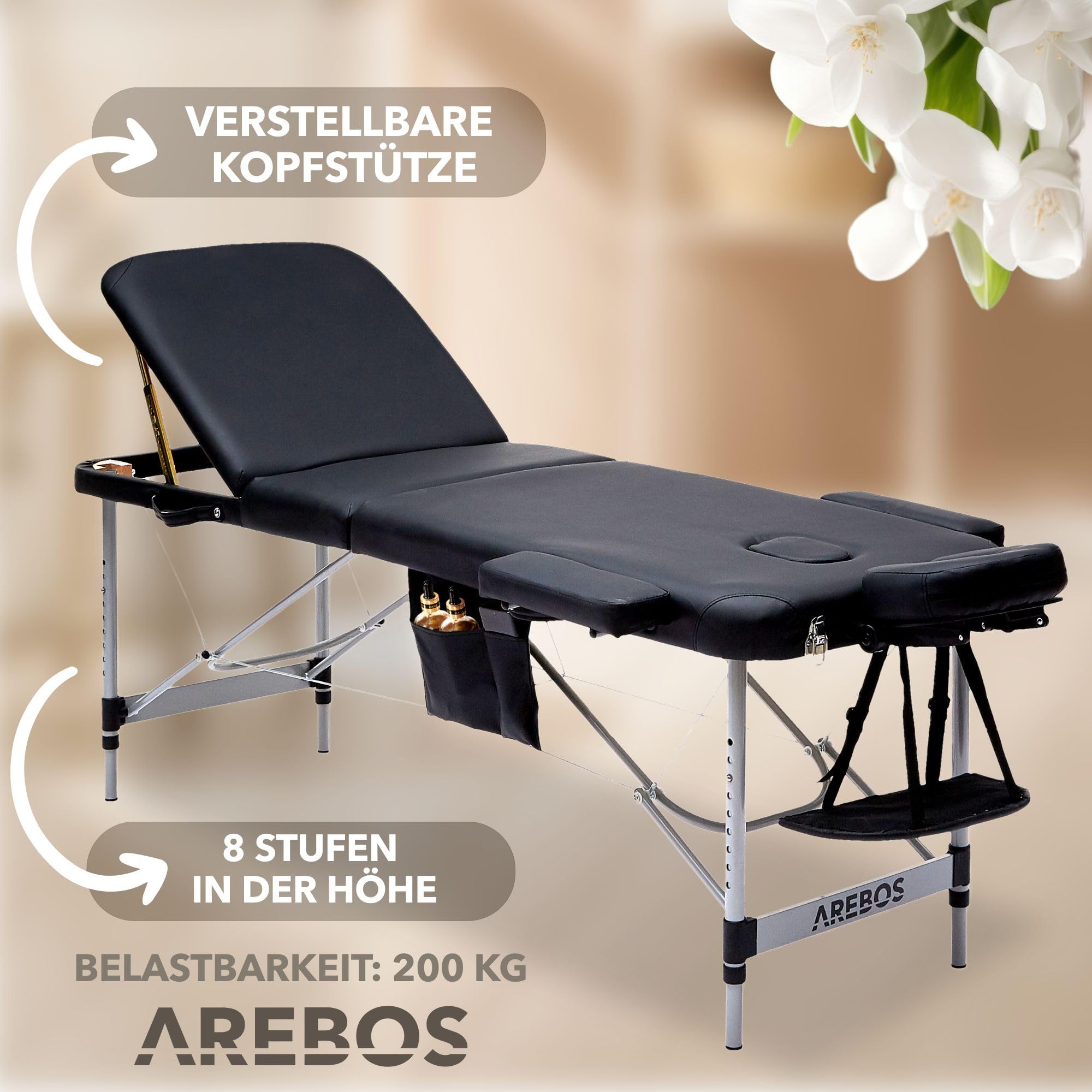 Arebos Mobile Massageliege 3 Zonen, Massagetisch, Massageliege klappbar, höhenverstellbare Aluminium Massagebett Kosmetikliege tragbar inkl. Zubehör, Kopfstütze, Armlehne und Tragetasche, Schwarz