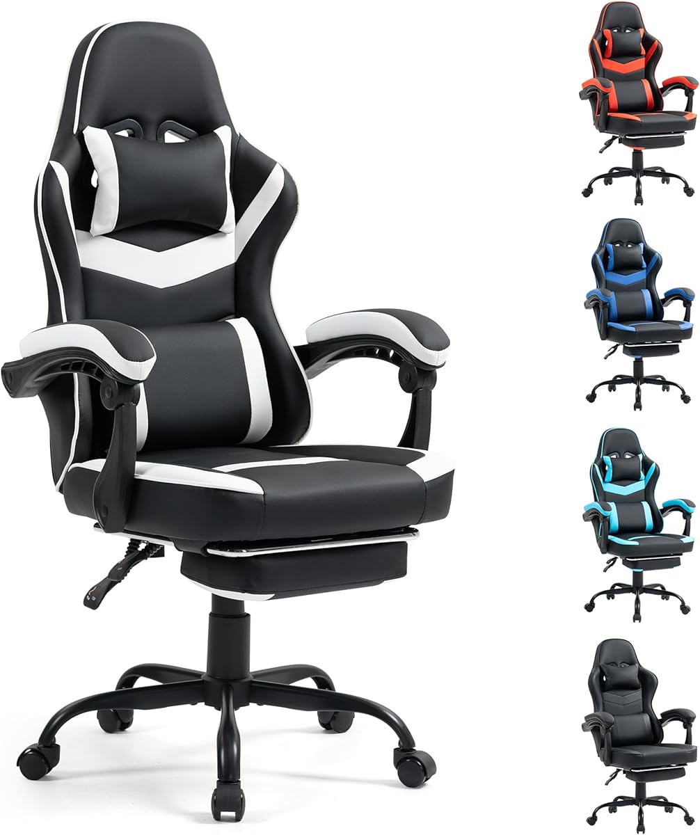 Gaming Chair with Footrest for Adults - Ergonomic Gaming Chairs with Foot Rest - Big and Tall Computer Game Chair - PU Leather Reclining Video Game Chairs with Spring Cushion - Black/White