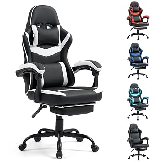 Gaming Chair with Footrest for Adults - Ergonomic Gaming Chairs with Foot Rest - Big and Tall Computer Game Chair - PU Leather Reclining Video Game Chairs with Spring Cushion - Black/White - Amazon product rated Grade A