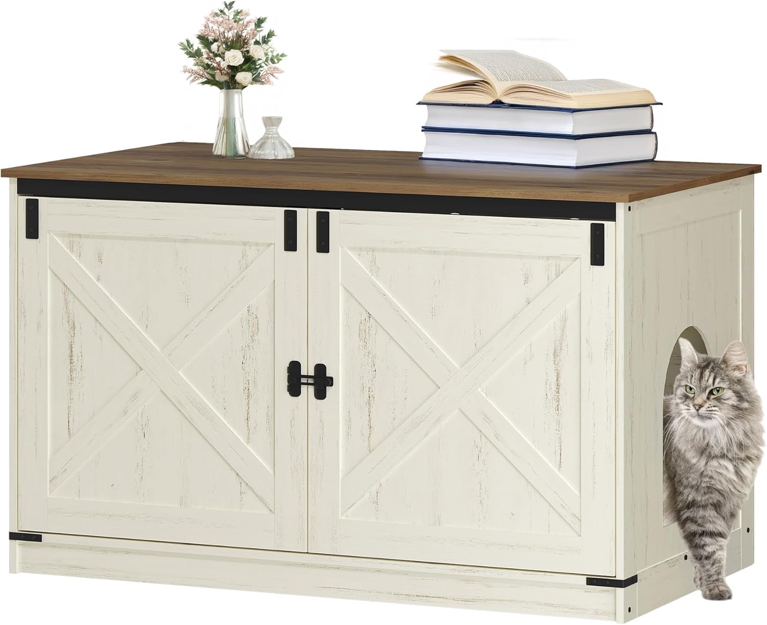 Hzuaneri Katzenklo Schrank, Katzenschrank, Katzentoilette mit Herausnehmbarer Trennwand, Katzenhaus, Umkehrbarer Eingang Links oder Rechts, als Sideboard, 100 x 50 x 60 cm, Vintagebraun-Weiß CB84714X