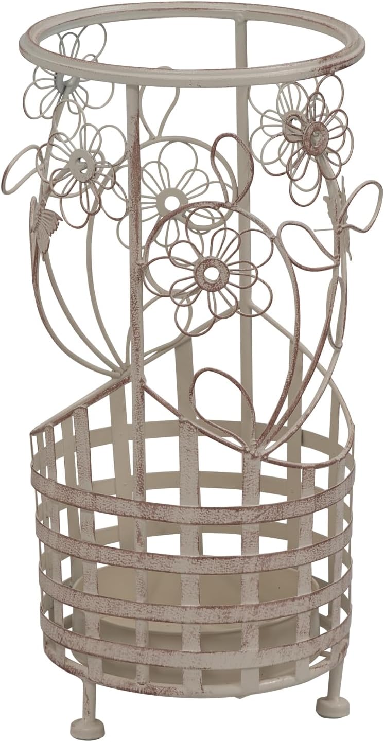 Maribelle Round White Traditional Floral Designed Metal Umbrella And Walking Stick Stand