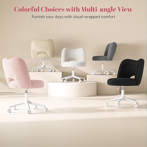 Miniatura 9 de Silla de tocador con ruedas rosa, bonita silla de tocador con respaldo, bonita silla de escritorio de forro polar ultra afelpado, silla de oficina