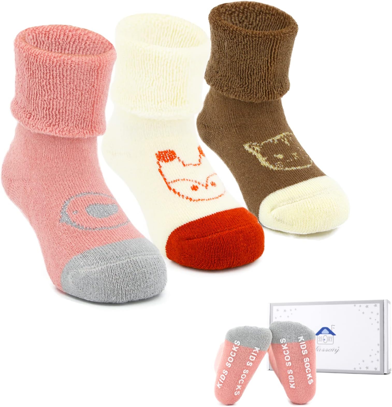 3 Pairs Roll Up Warm Grip Socks Gift Set for 0-5 Years Infant Baby Toddler Kids Cute Anti-Slip Winter Cozy Cotton Socks for Children Boys Girls