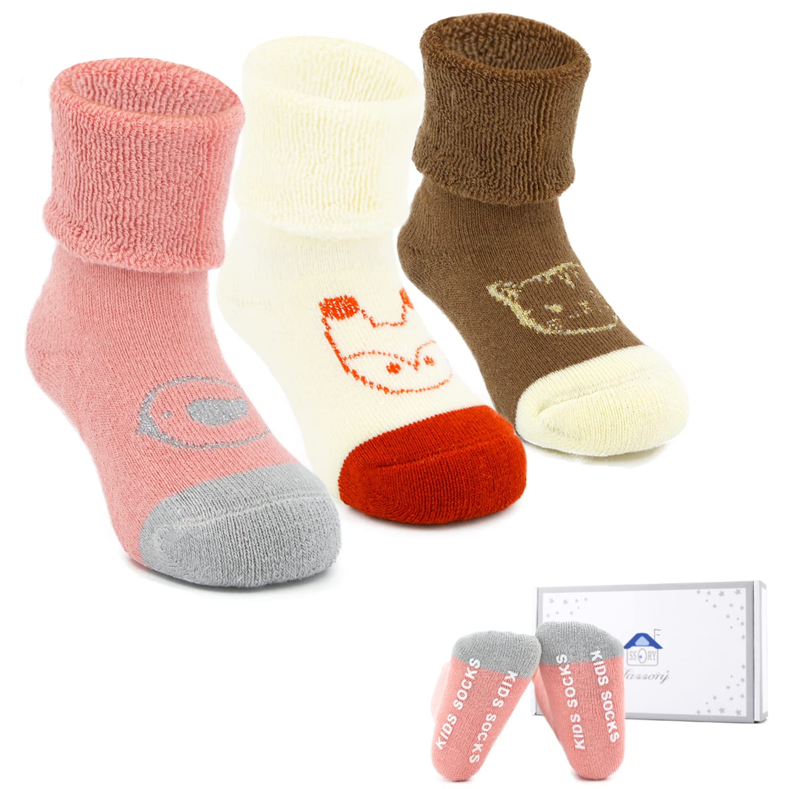 Fassory Men's Animal G 3 Pairs Roll Up Warm Grip Socks Gift Set For 0-5 Years Infant Baby Toddler Kids Cute Anti-Slip Winter Cozy Cotton Socks For Children Boys Girls (As8, Age, 0_Month, 6_Months, )
