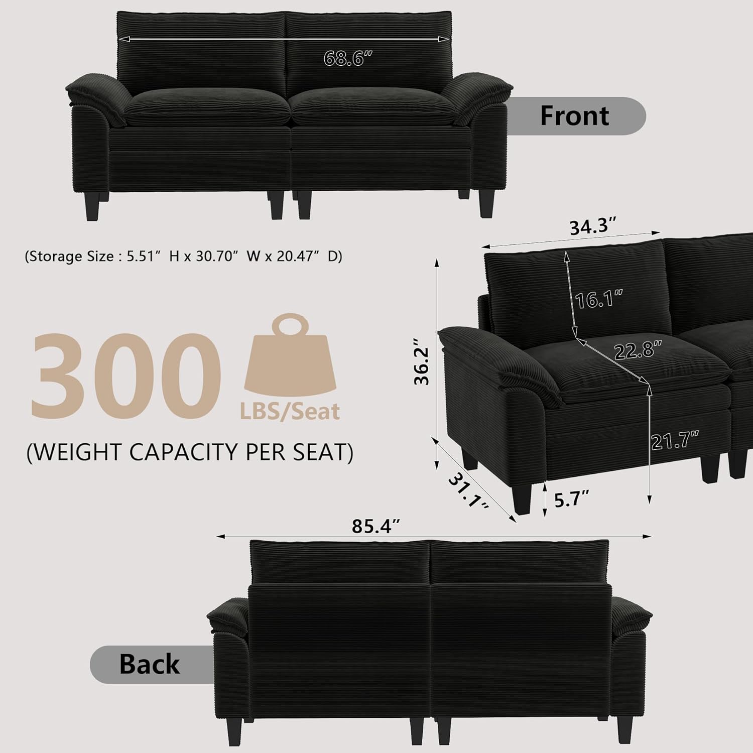Sectional Couches for Living Room, Modular Sectional Sofa, 85.4 Inch 2 Seat Modern Corduroy Loveseat Sofa, Convertible Deep Seat Cloud Couch, Black