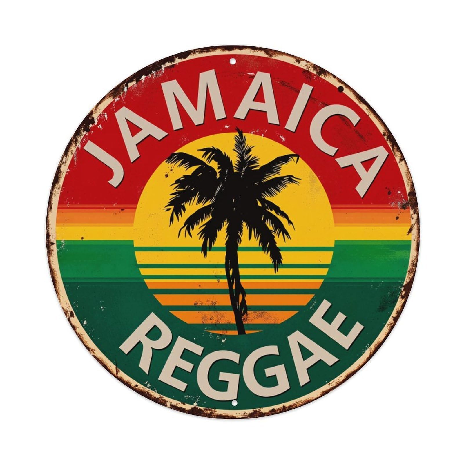 Jamaica Reggae Palm Sunset Colors Round Tin Sign Vintage Metal Poster, Home Bar Garage Man Cave Cafe Indoor & Outdoor Wall Decoration 8x8Inches