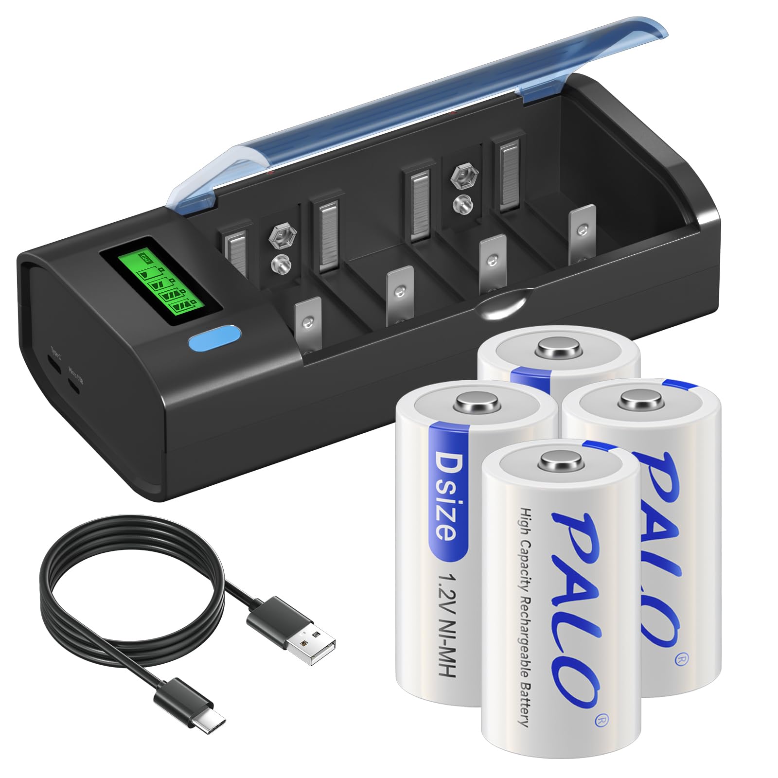 Lot de 4 piles D avec chargeur universel pour piles rechargeables AA AAA C D 9 V NiMH NiCD, fonction de décharge et écran LCD, charge rapide (micro USB ou type C)
