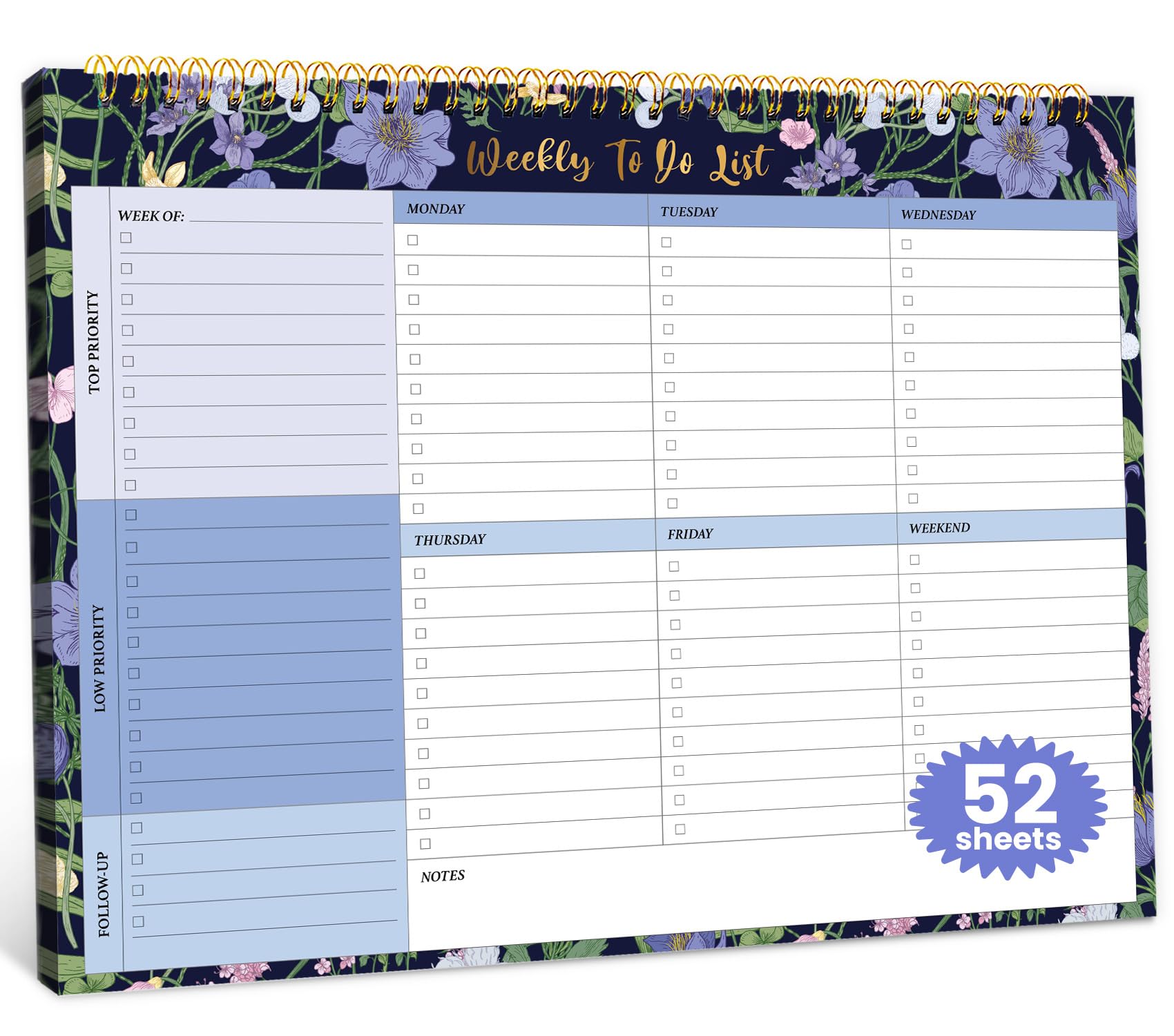 Wochenplaner mit 52 undatierten Blättern (21,6 x 27,9 cm), undatierter Wochenplaner, Notizblock für Büro-Schreibtischzubehör und Zubehör, Blaue Wiese